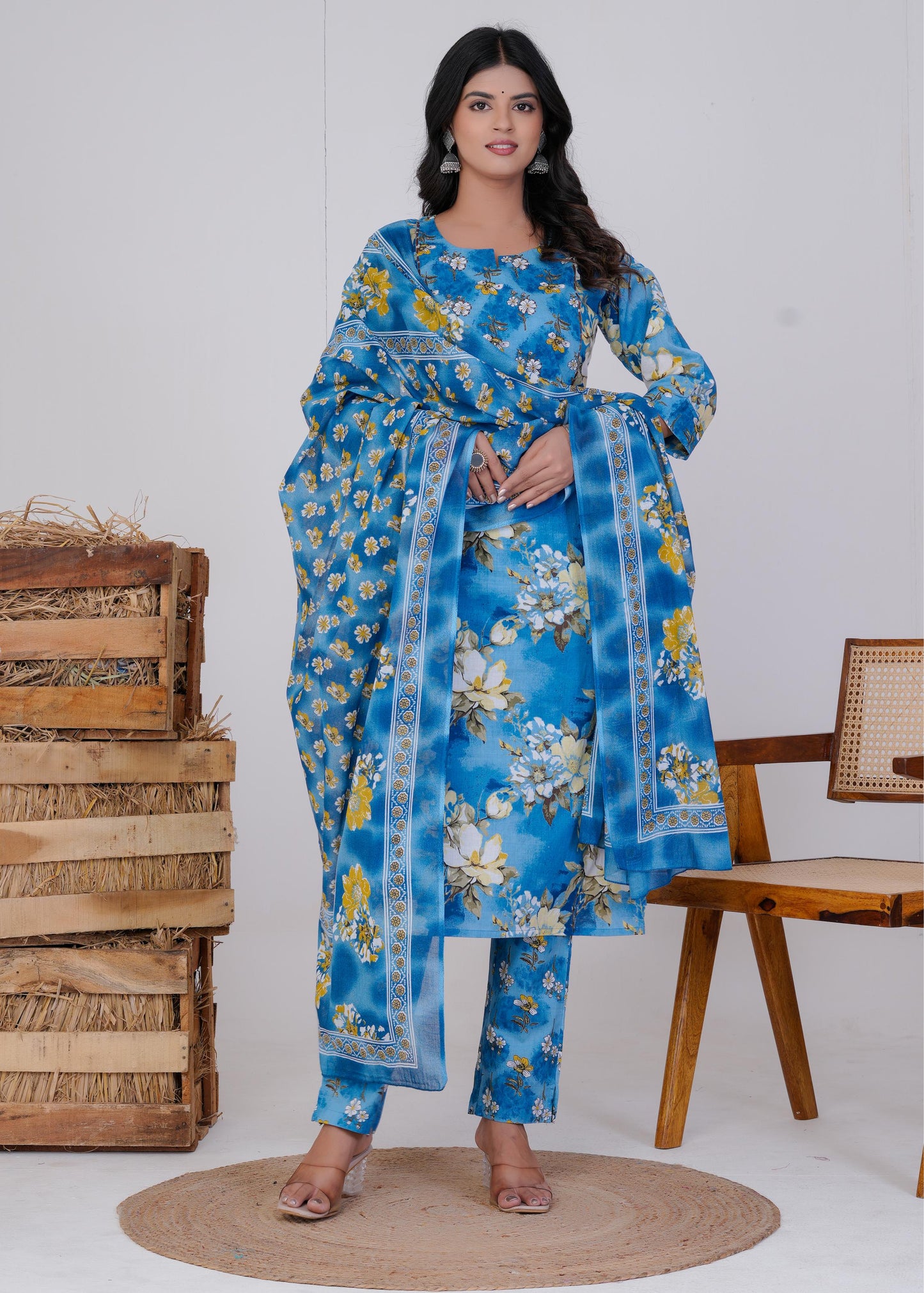 Cotton Printed Straight Blue Kurta Set With Dupatta