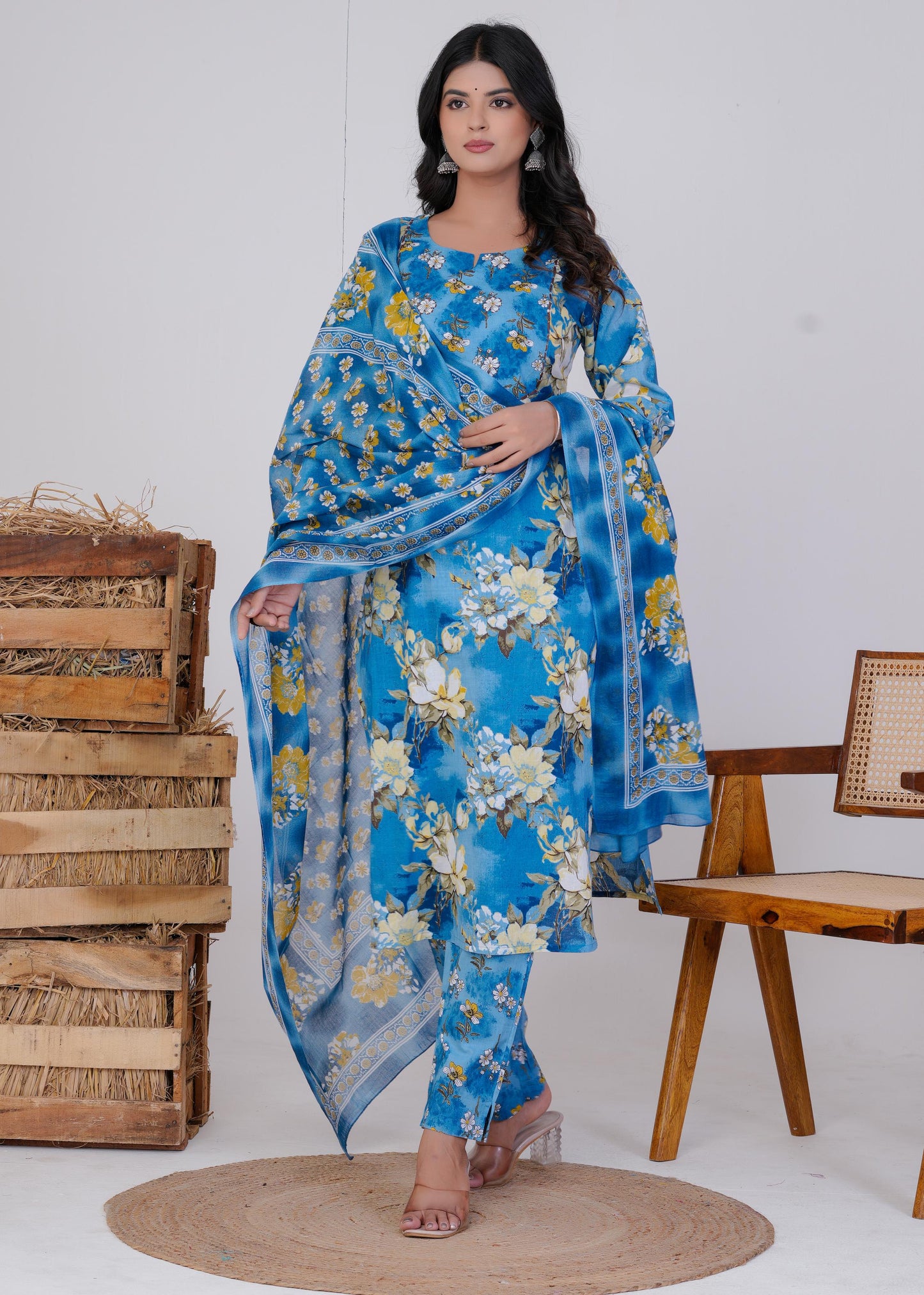 Cotton Printed Straight Blue Kurta Set With Dupatta
