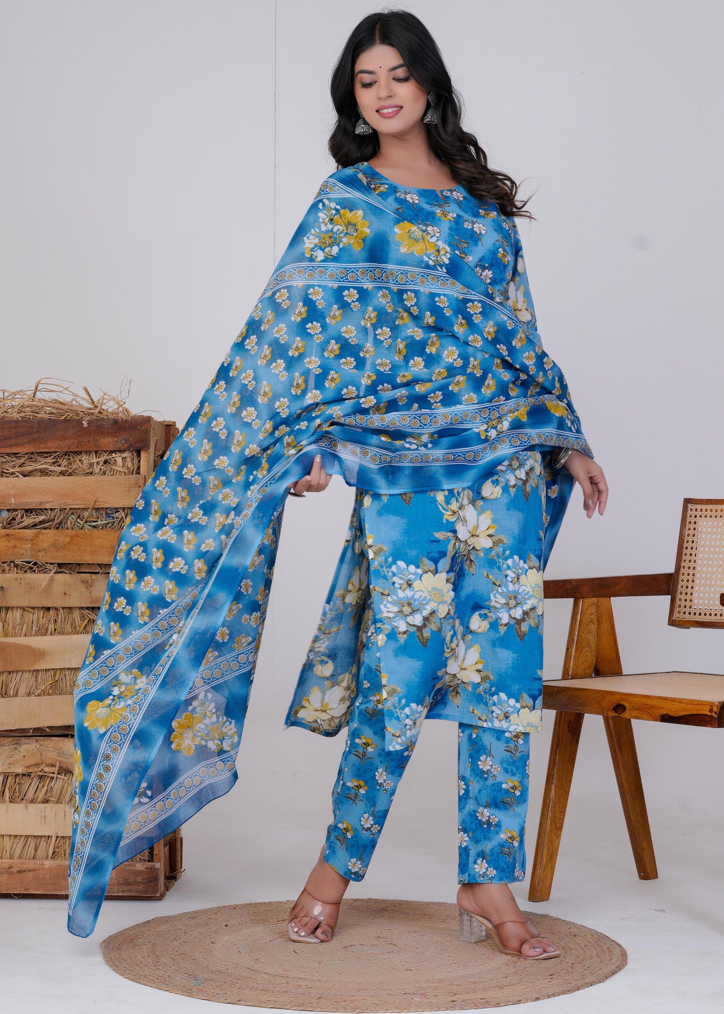 Cotton Printed Straight Blue Kurta Set With Dupatta