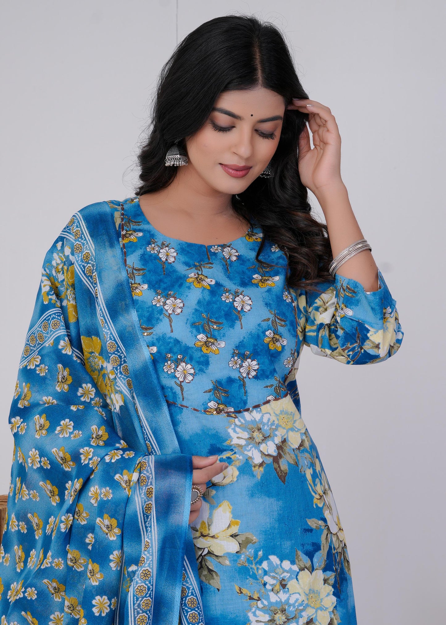Cotton Printed Straight Blue Kurta Set With Dupatta
