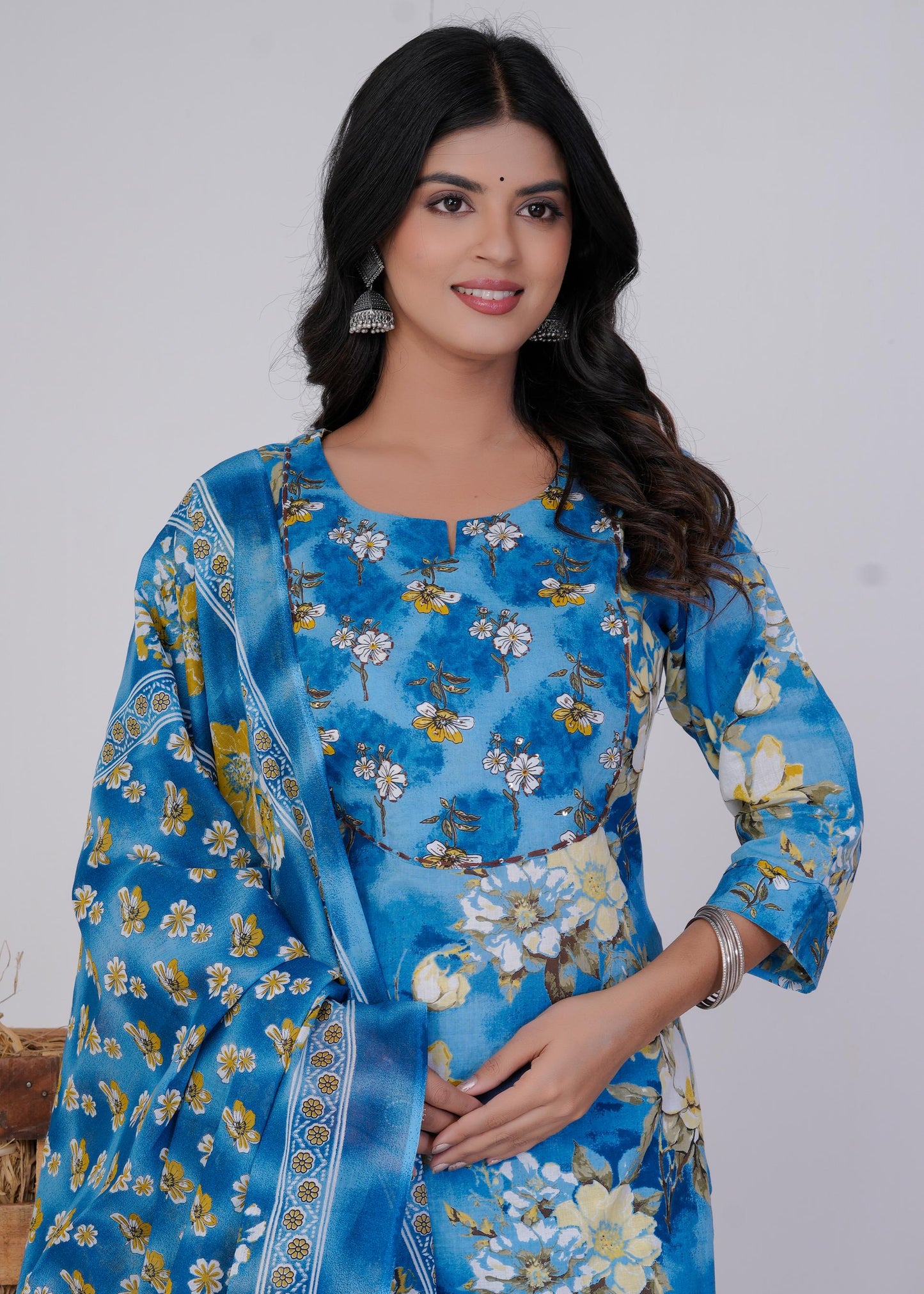 Cotton Printed Straight Blue Kurta Set With Dupatta