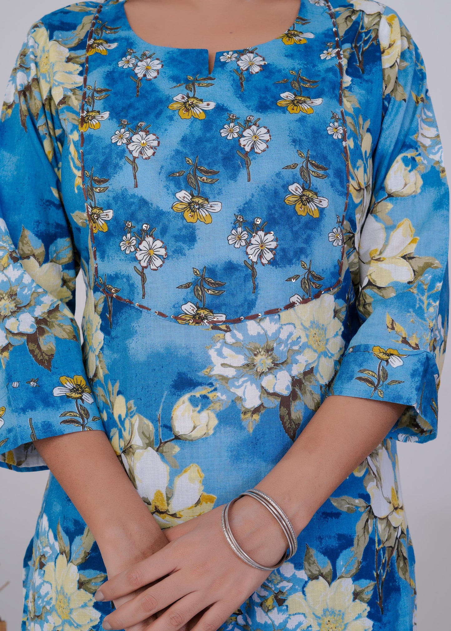 Cotton Printed Straight Blue Kurta Set With Dupatta