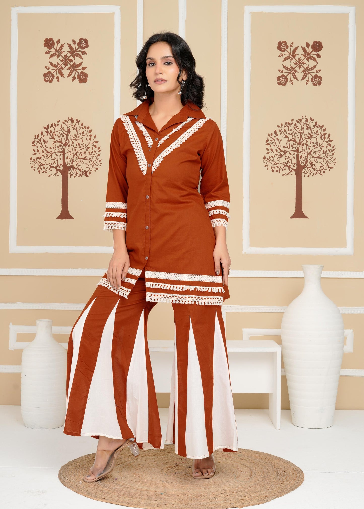 Women's , Yellow Cotton Rust Co-Ord Set, Night Suit Set