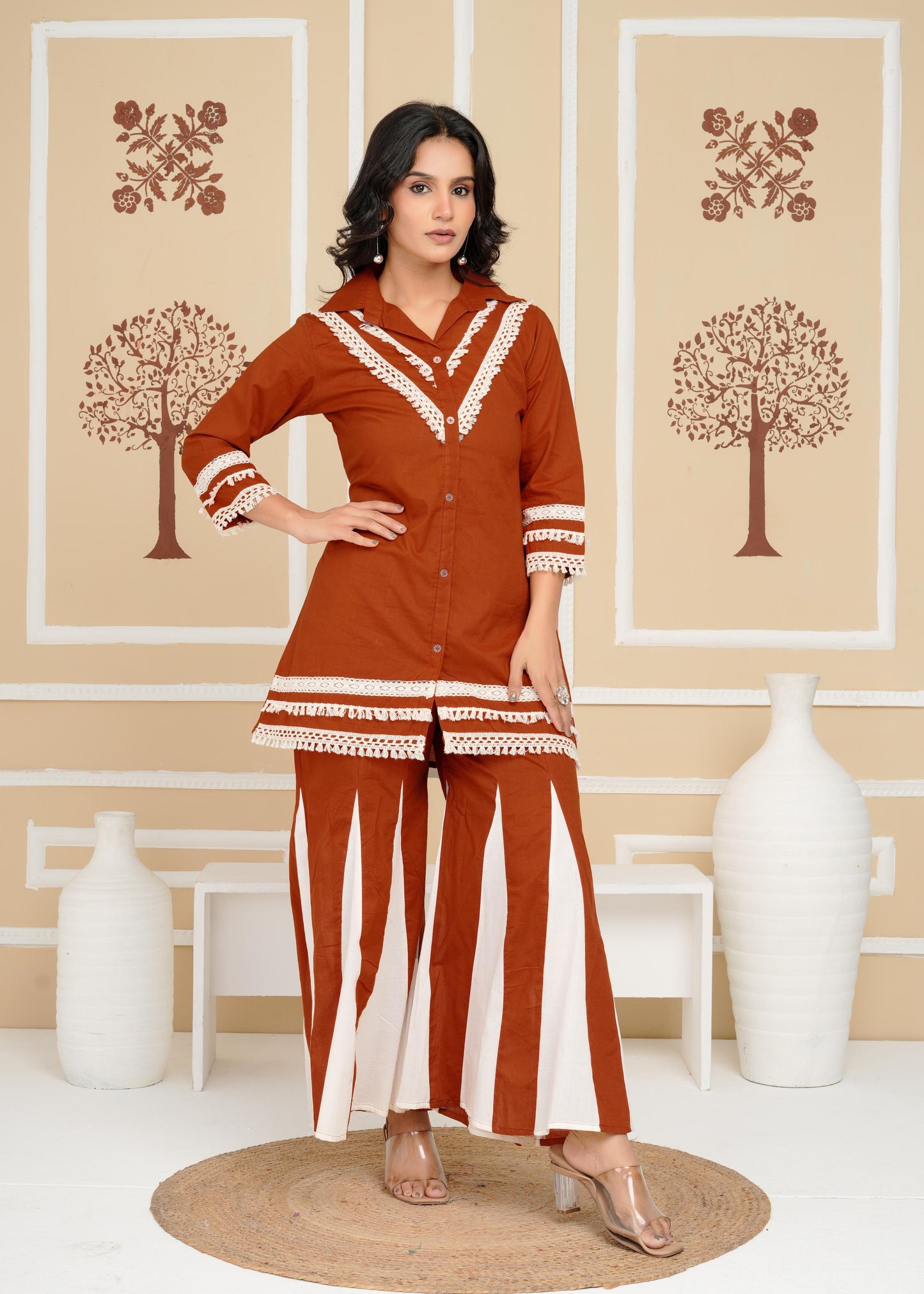 Women's , Yellow Cotton Rust Co-Ord Set, Night Suit Set