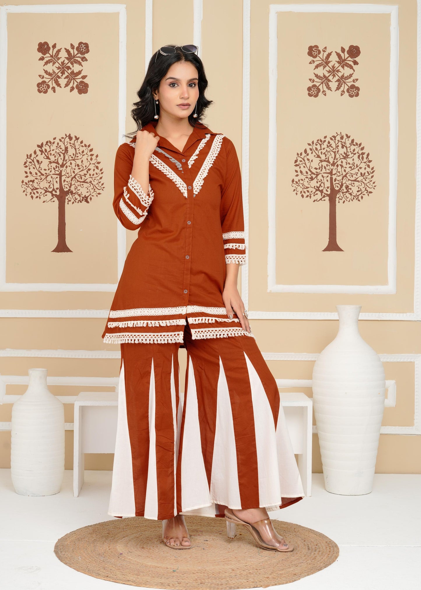 Women's , Yellow Cotton Rust Co-Ord Set, Night Suit Set