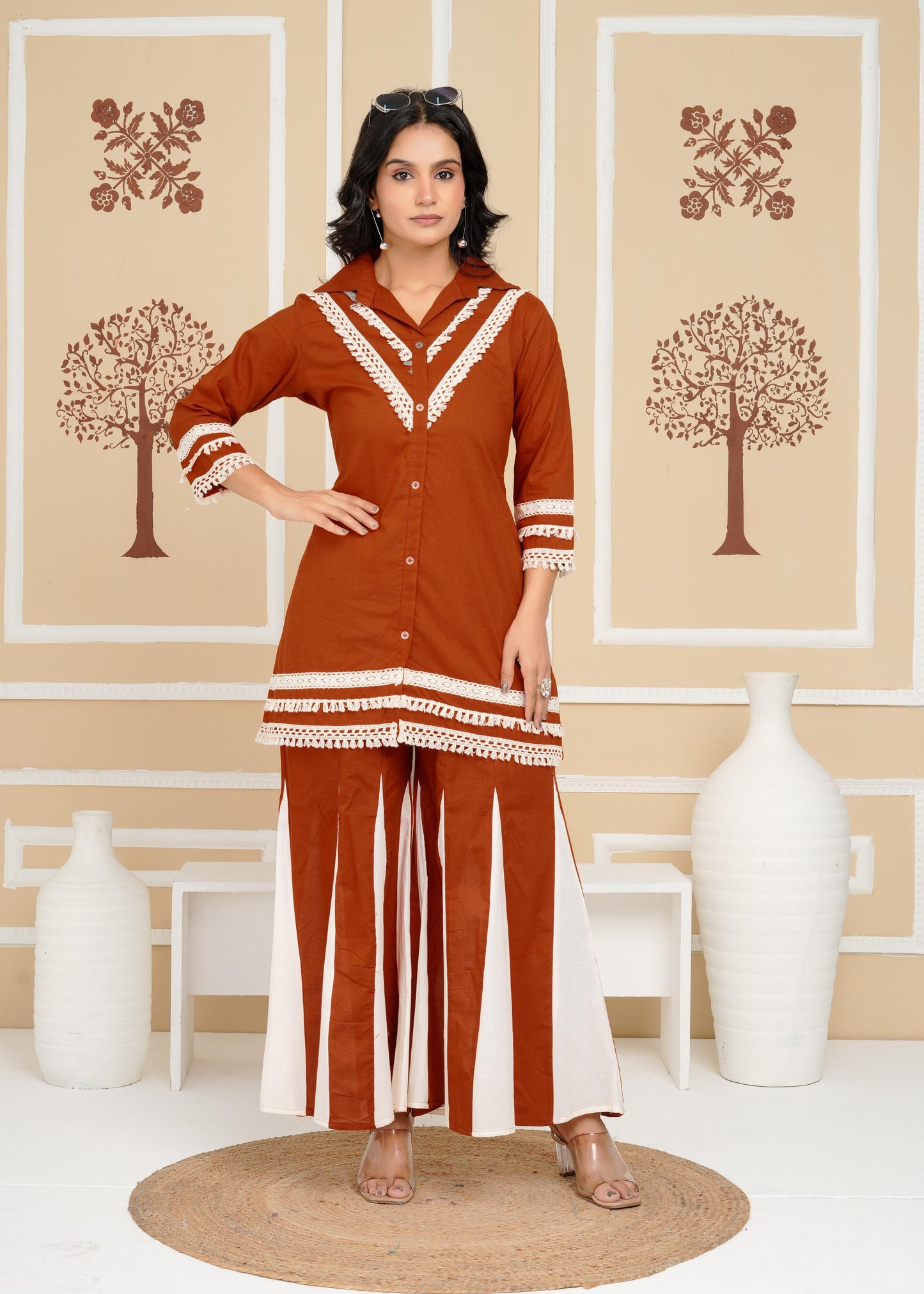 Women's , Yellow Cotton Rust Co-Ord Set, Night Suit Set
