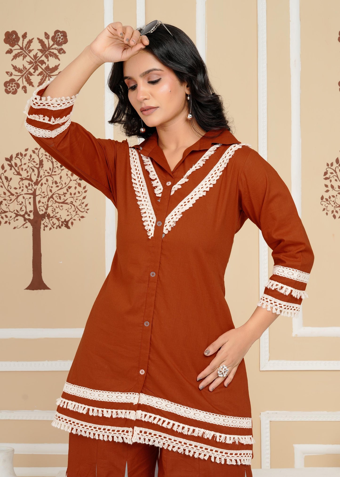 Women's , Yellow Cotton Rust Co-Ord Set, Night Suit Set