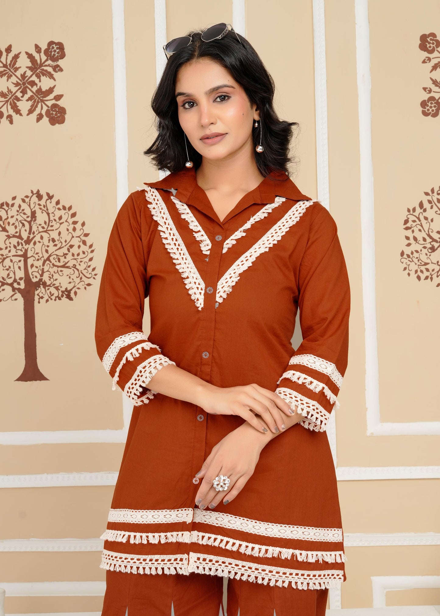 Women's , Yellow Cotton Rust Co-Ord Set, Night Suit Set