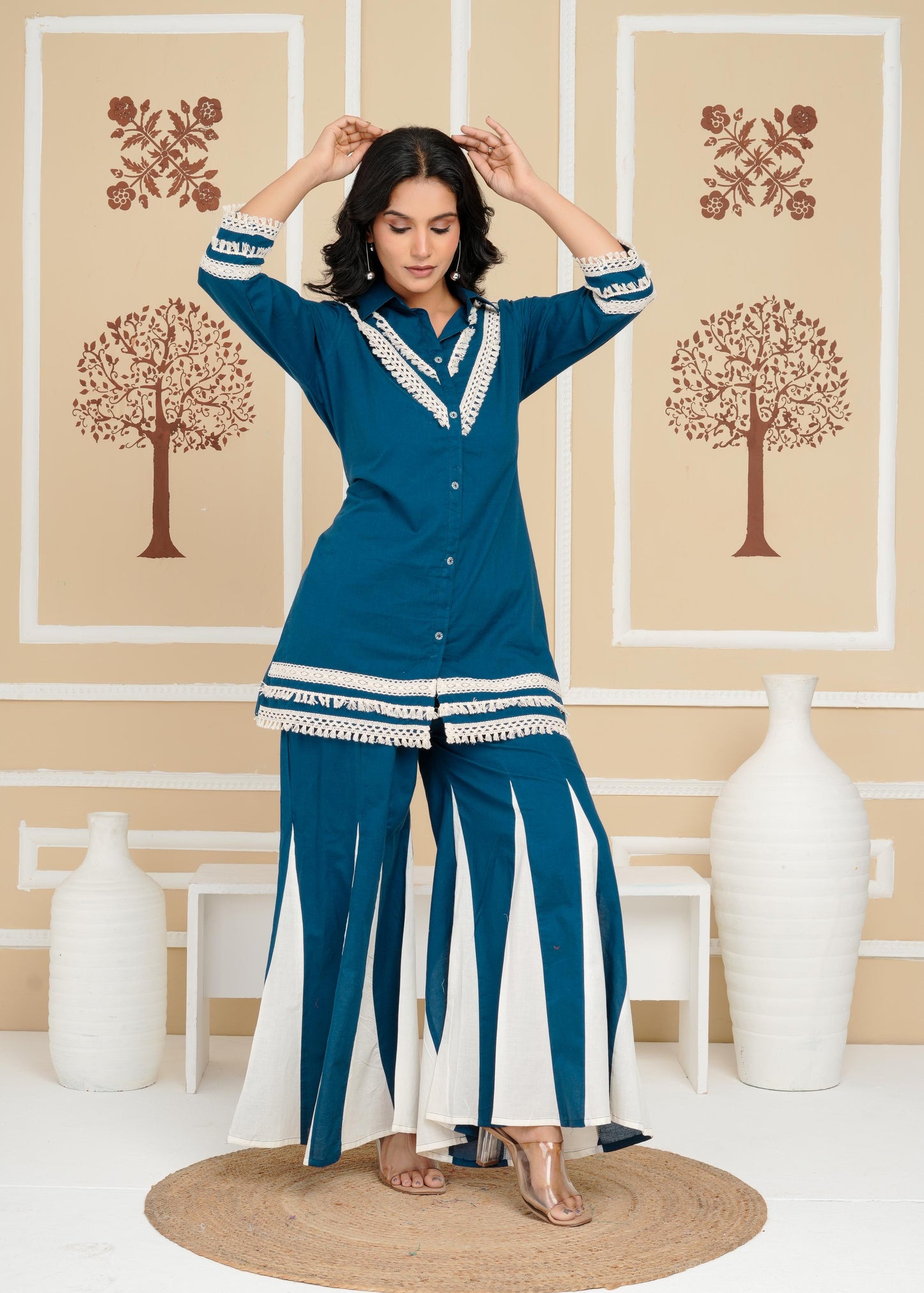 Women's , Yellow Cotton Blue Co-Ord Set, Night Suit Set