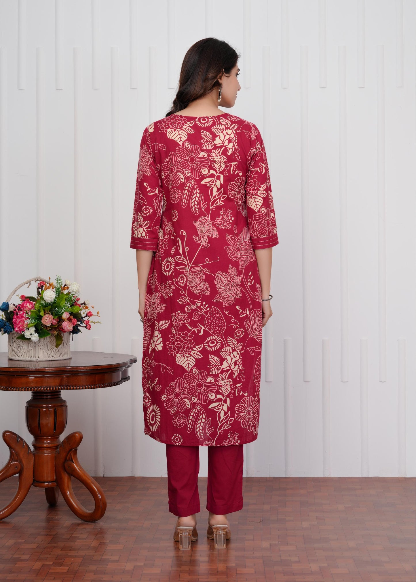 Cotton Printed Straight Maroon Kurta Set With Dupatta