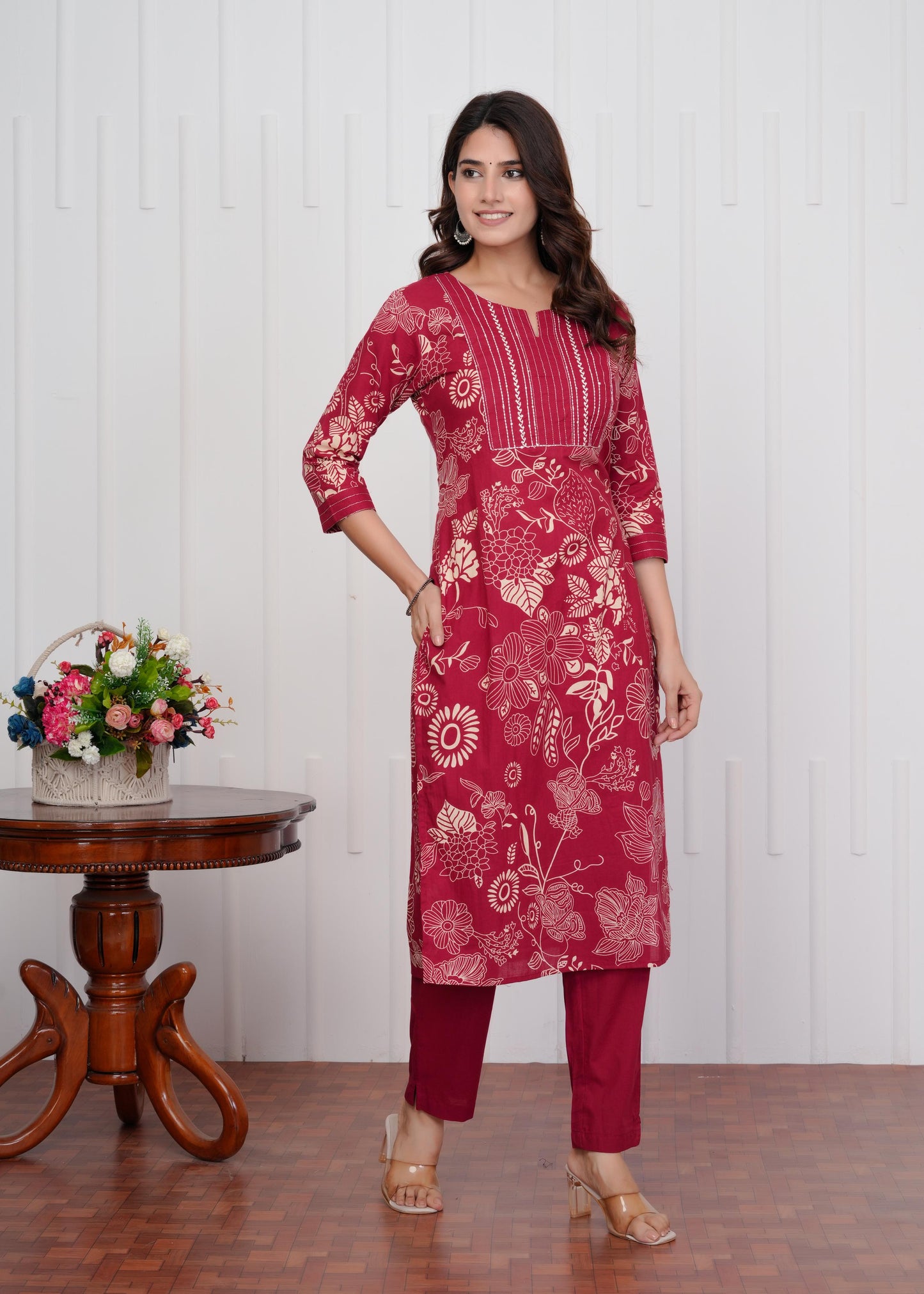 Cotton Printed Straight Maroon Kurta Set With Dupatta
