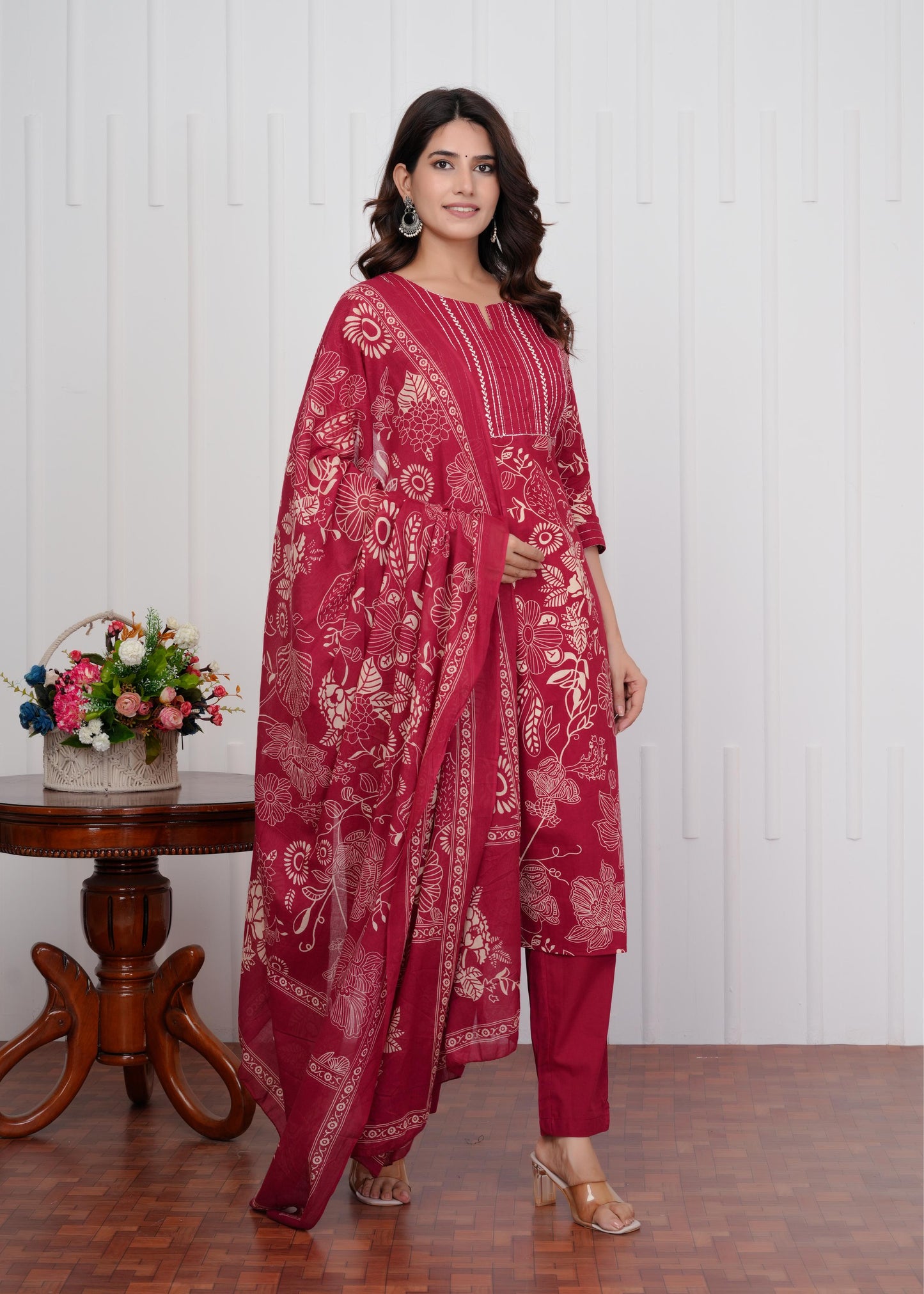 Cotton Printed Straight Maroon Kurta Set With Dupatta