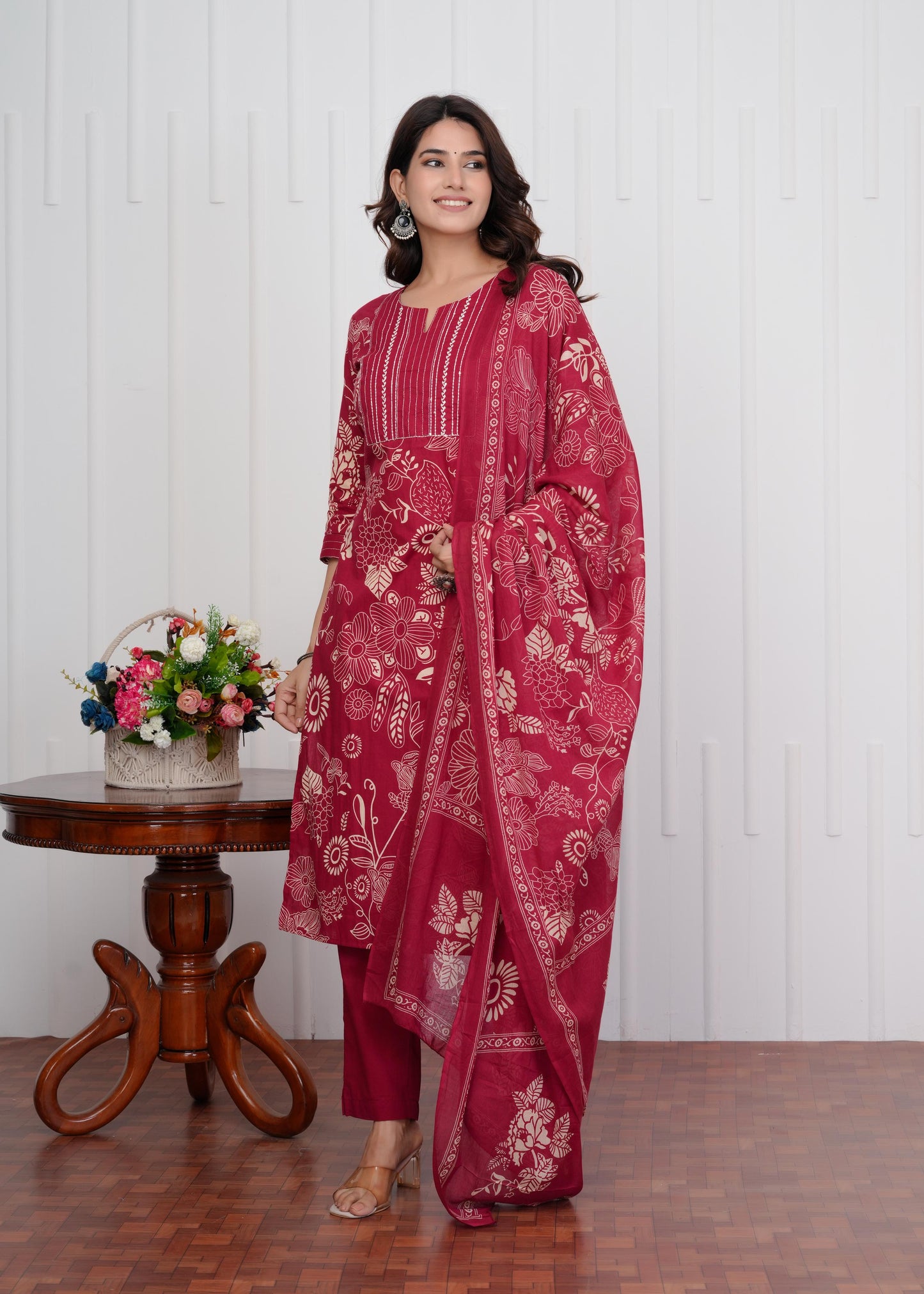 Cotton Printed Straight Maroon Kurta Set With Dupatta