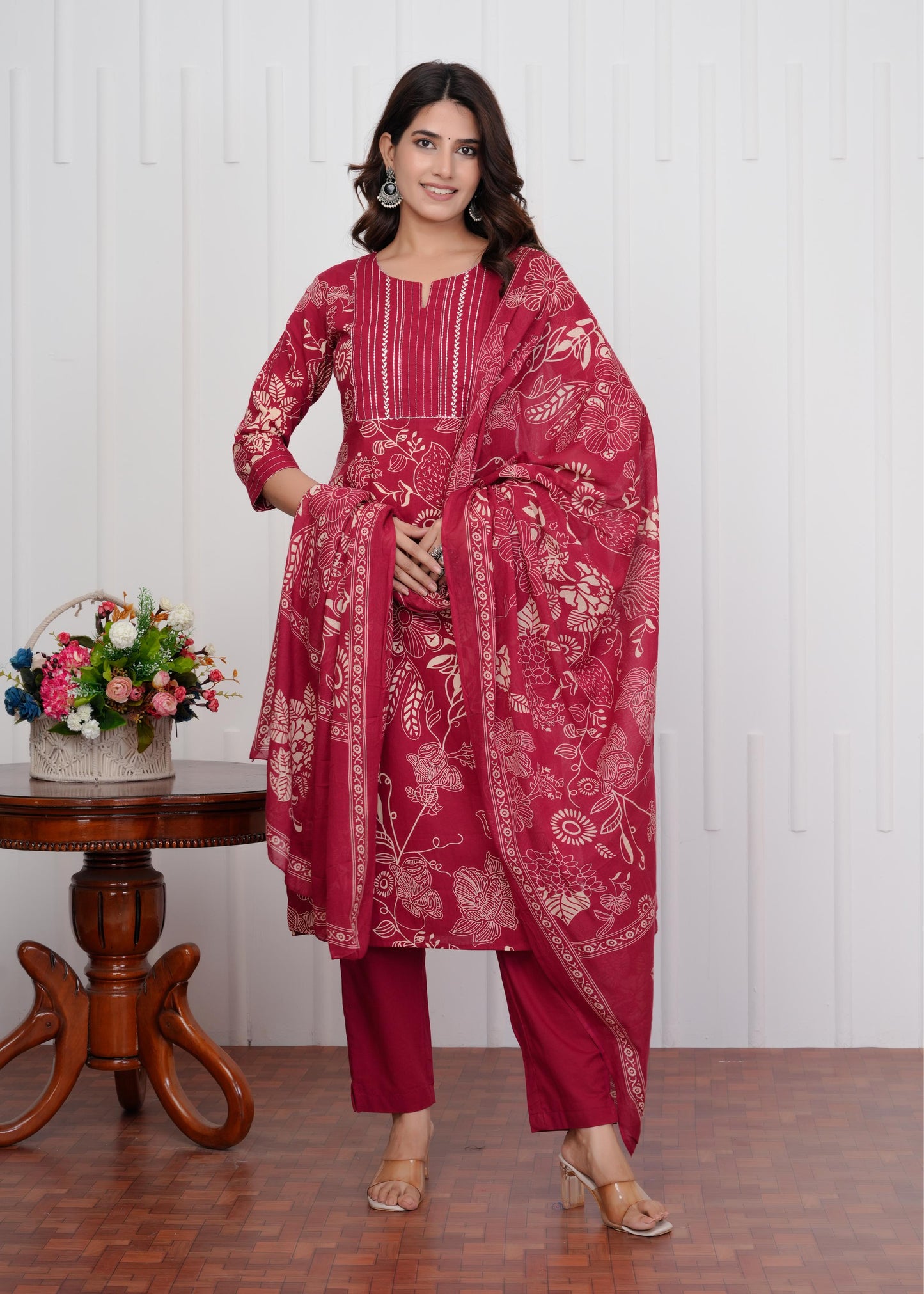 Cotton Printed Straight Maroon Kurta Set With Dupatta