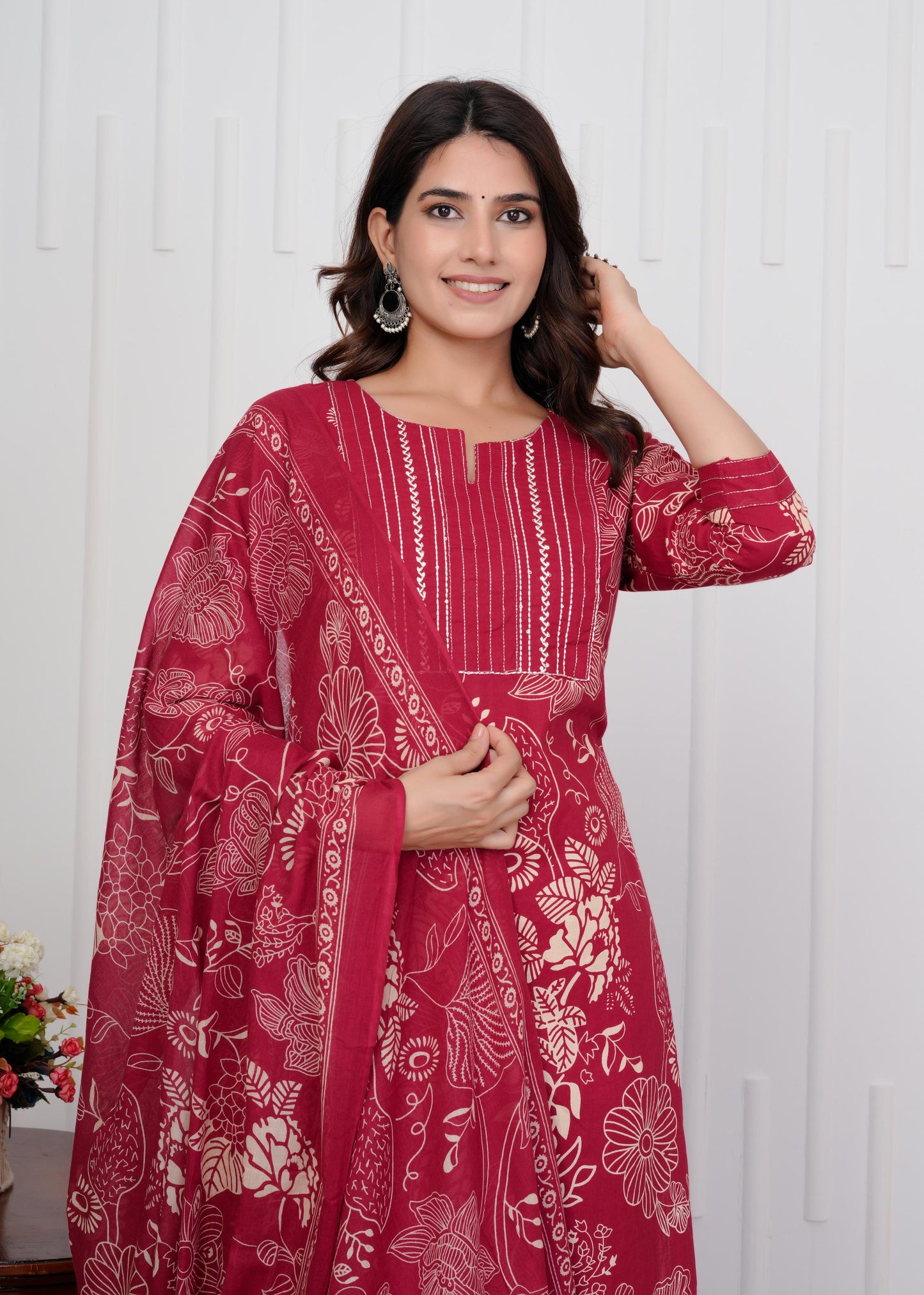 Cotton Printed Straight Maroon Kurta Set With Dupatta