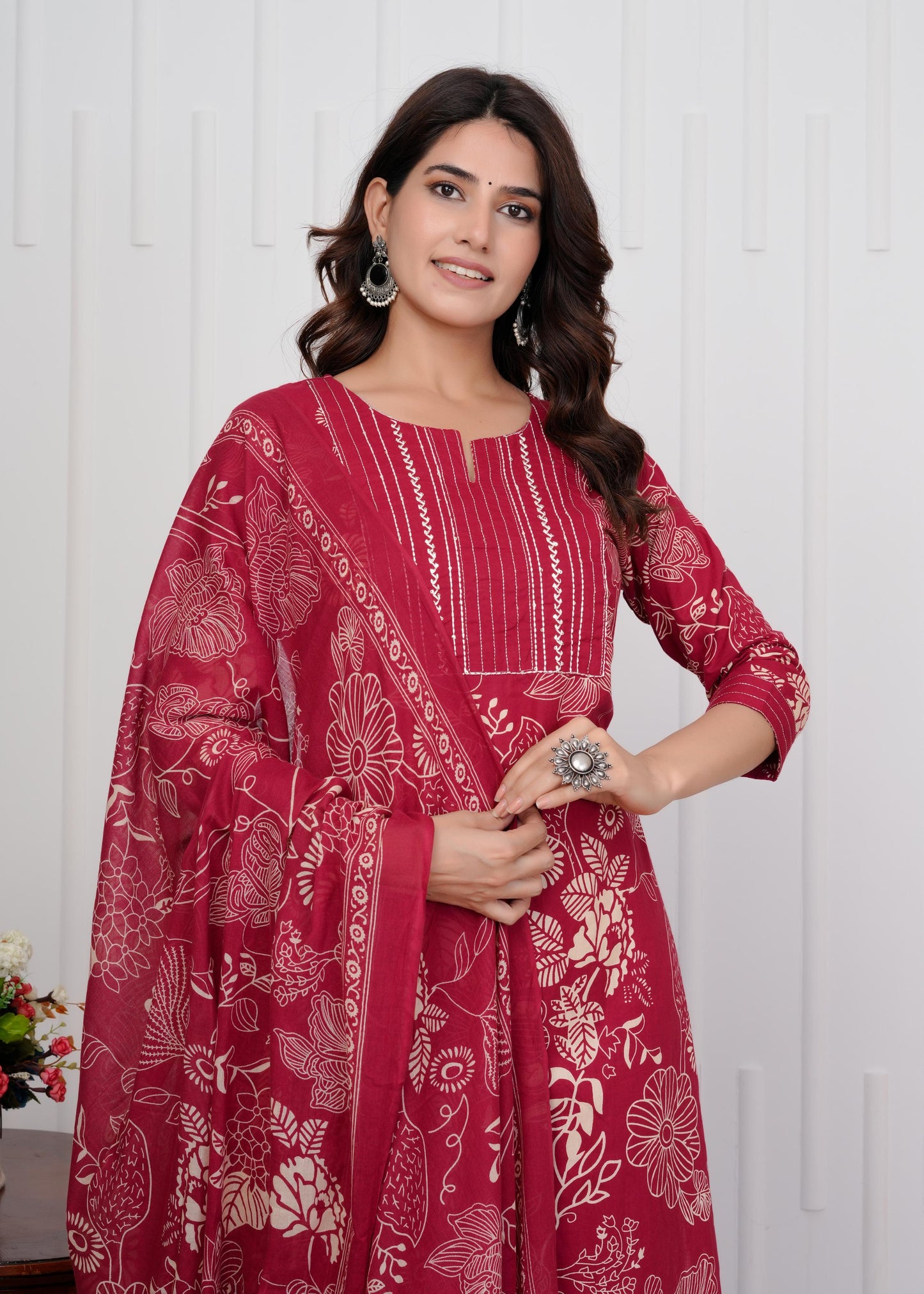 Cotton Printed Straight Maroon Kurta Set With Dupatta