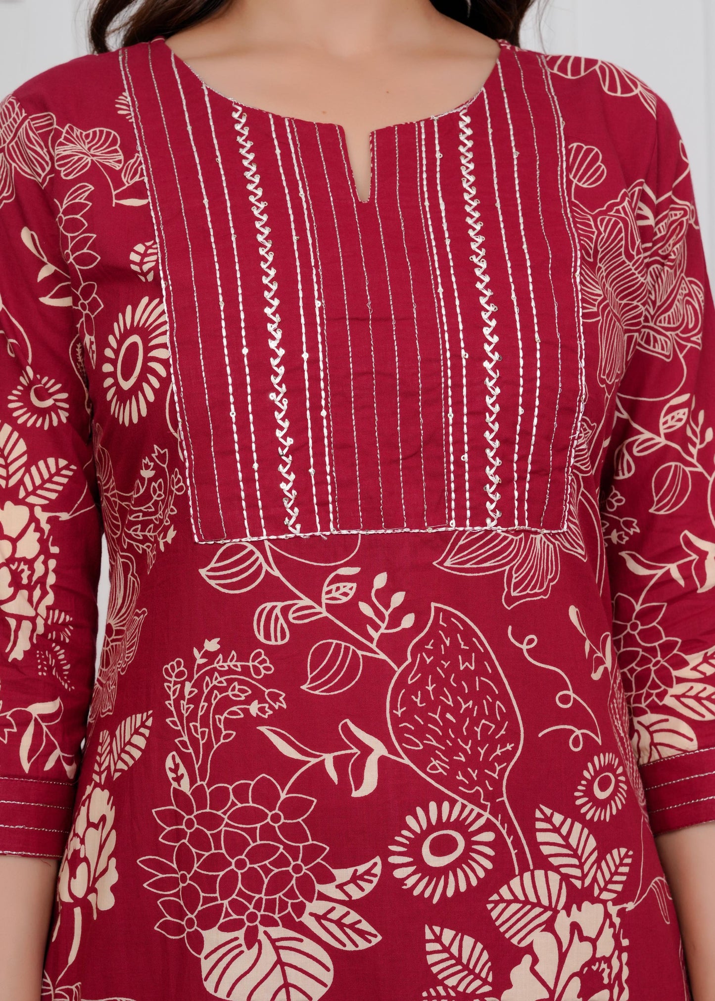 Cotton Printed Straight Maroon Kurta Set With Dupatta