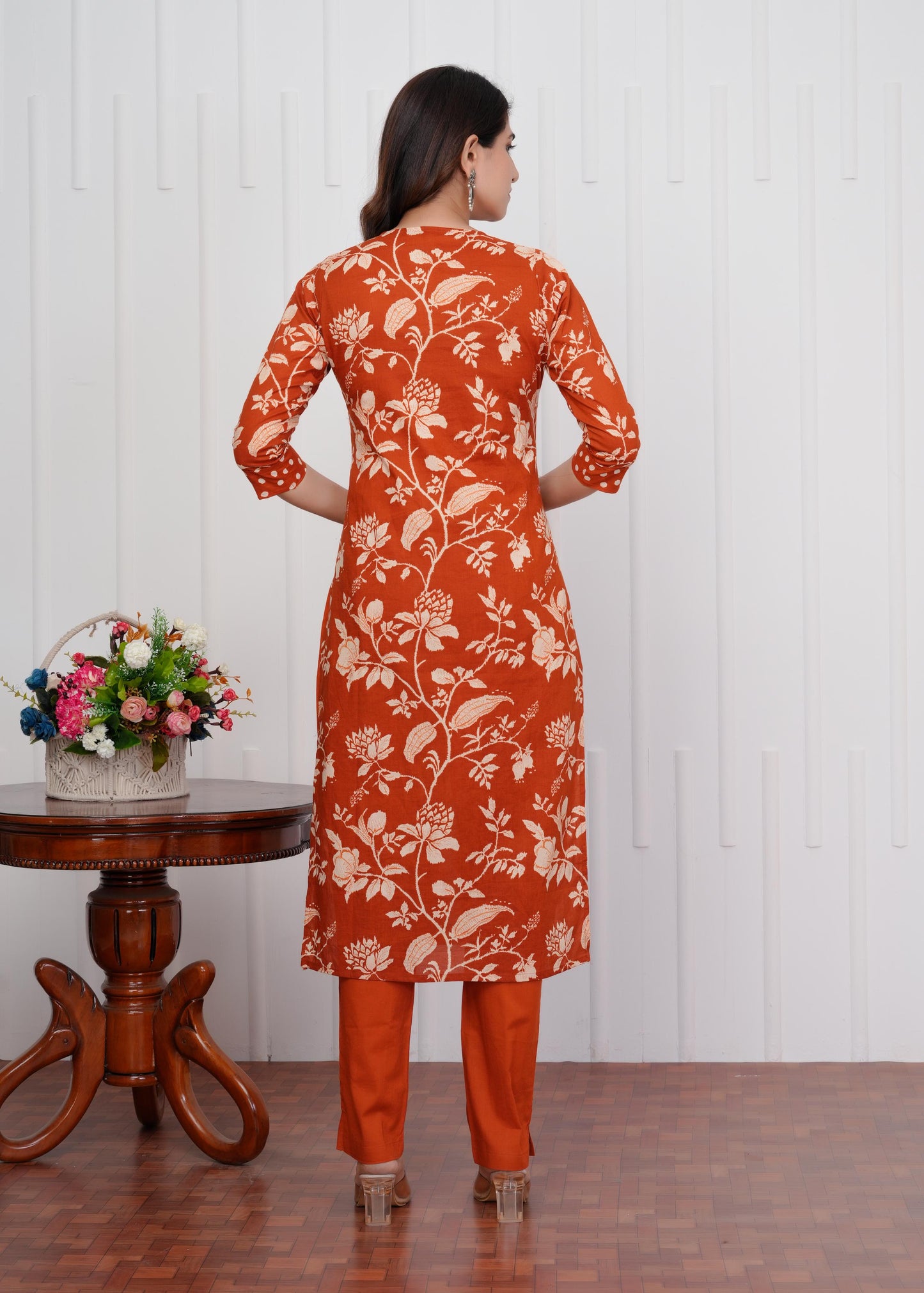 Cotton Printed Straight Orange Kurta Set With Dupatta