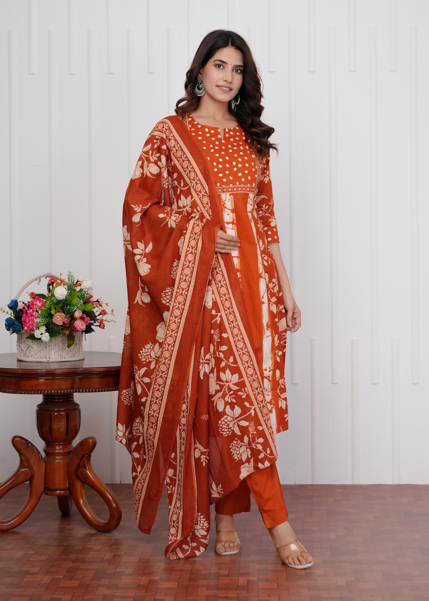 Cotton Printed Straight Orange Kurta Set With Dupatta
