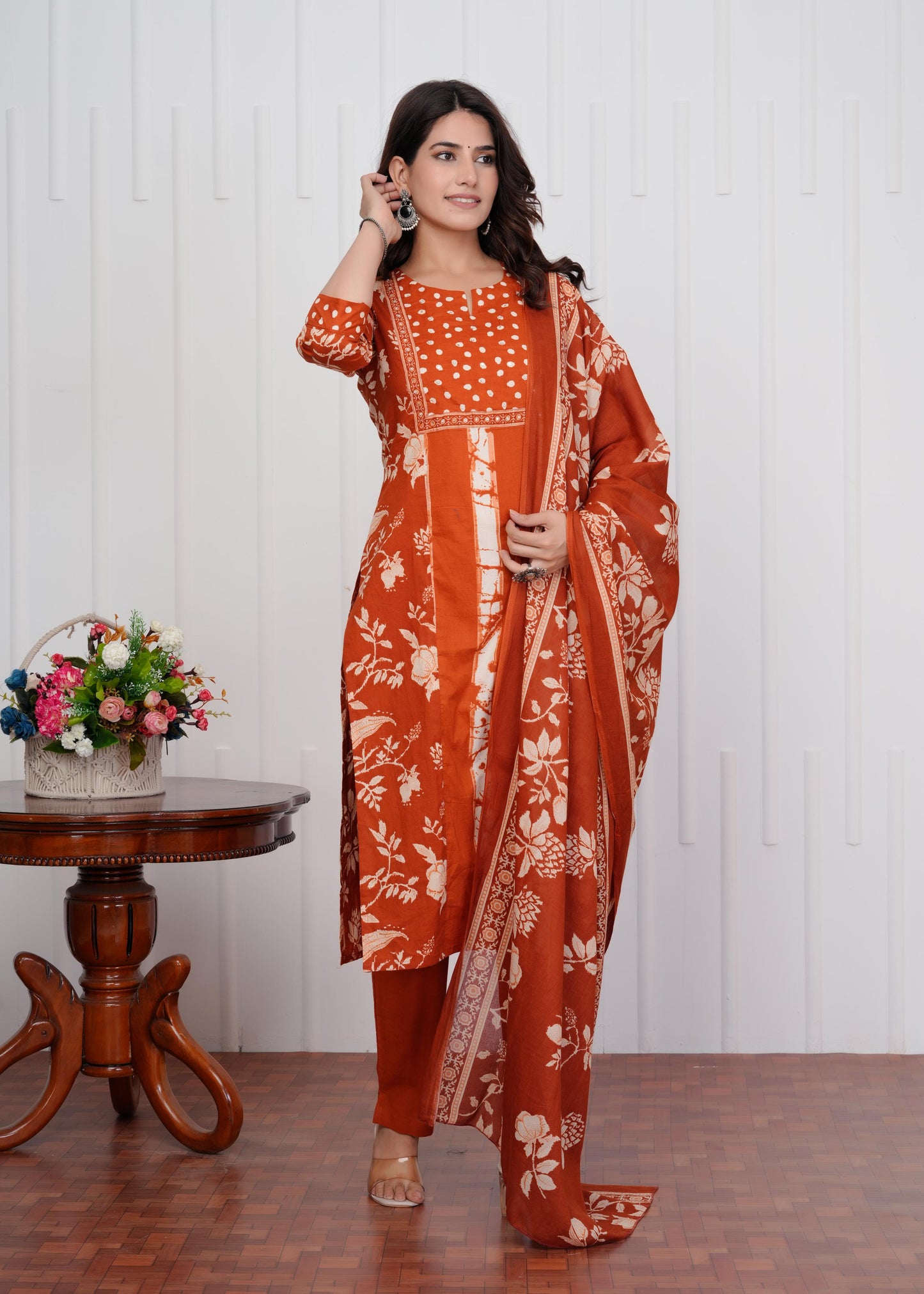 Cotton Printed Straight Orange Kurta Set With Dupatta