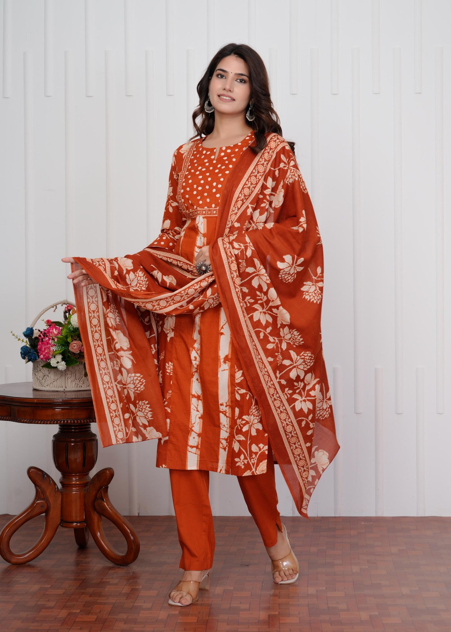 Cotton Printed Straight Orange Kurta Set With Dupatta