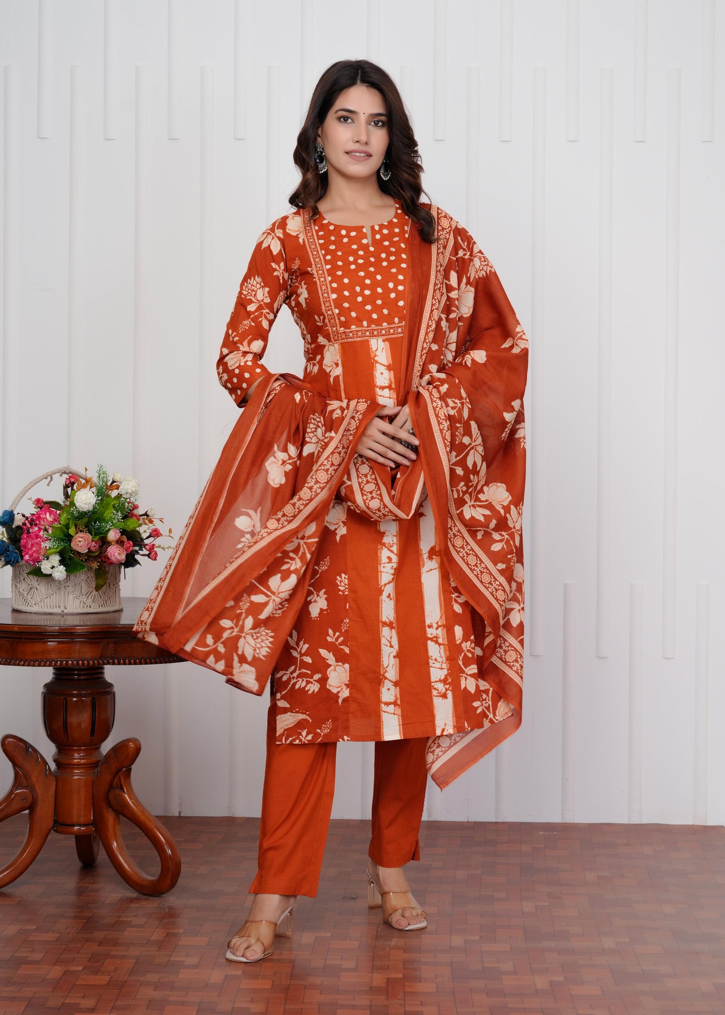 Cotton Printed Straight Orange Kurta Set With Dupatta
