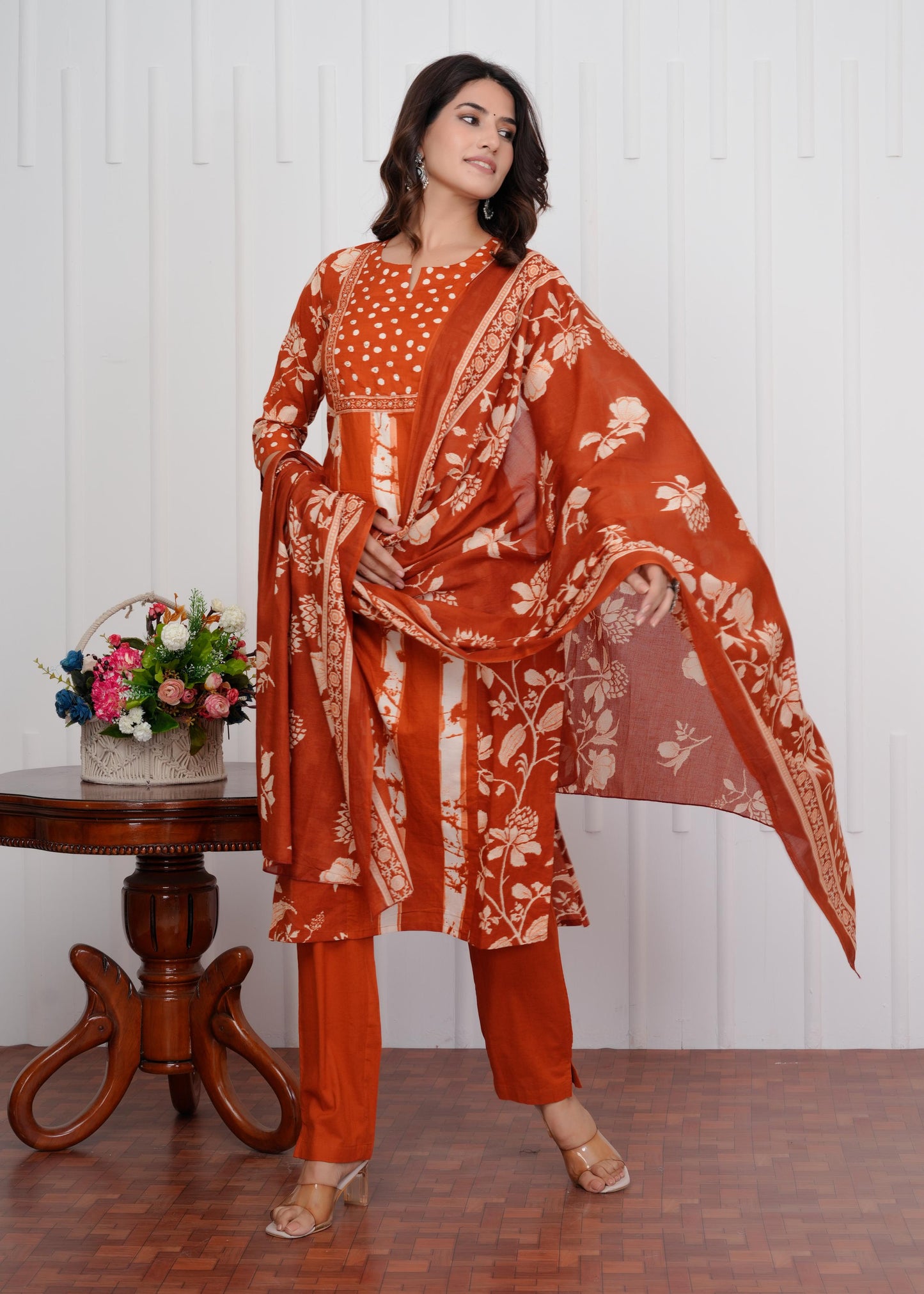 Cotton Printed Straight Orange Kurta Set With Dupatta