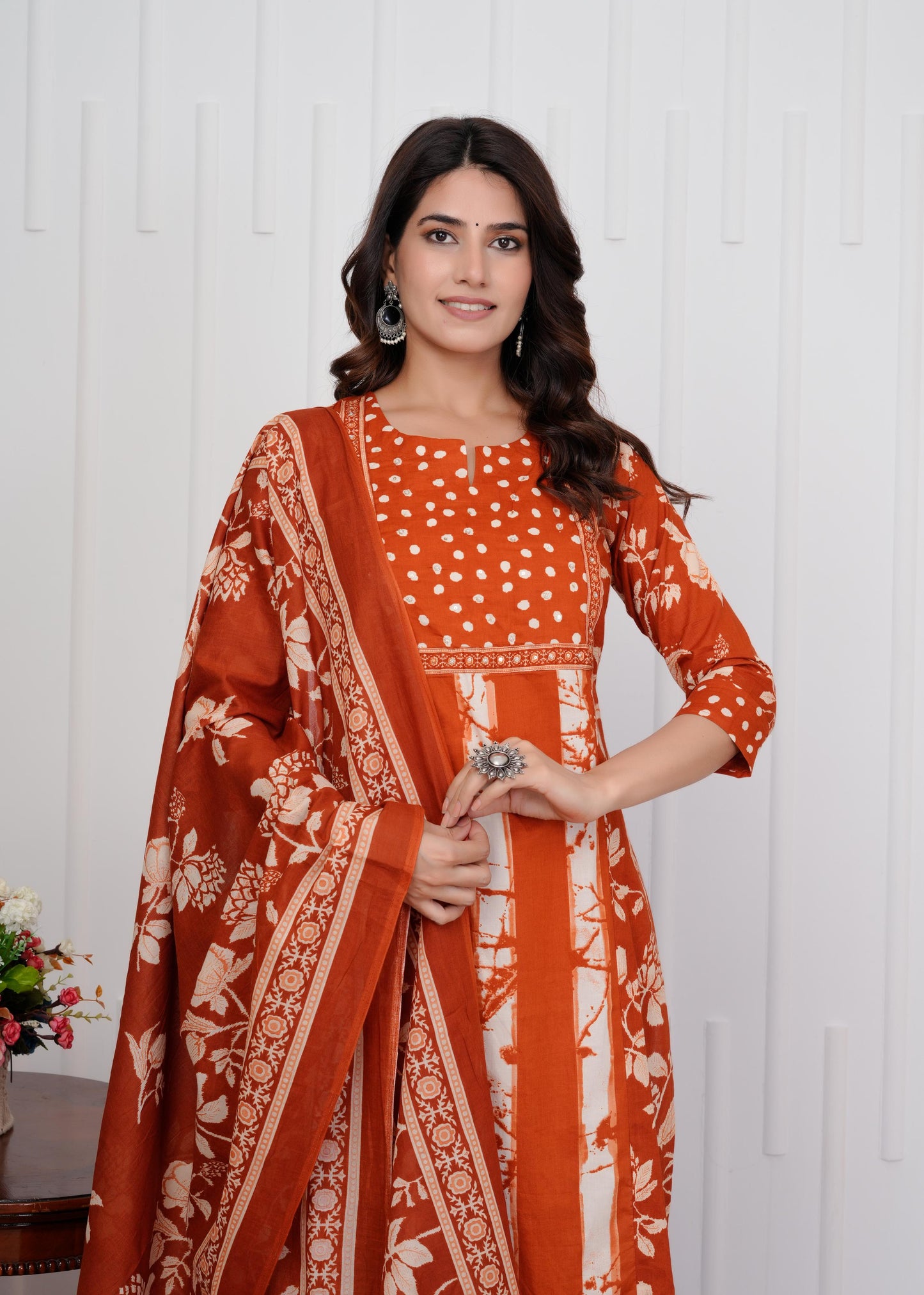 Cotton Printed Straight Orange Kurta Set With Dupatta