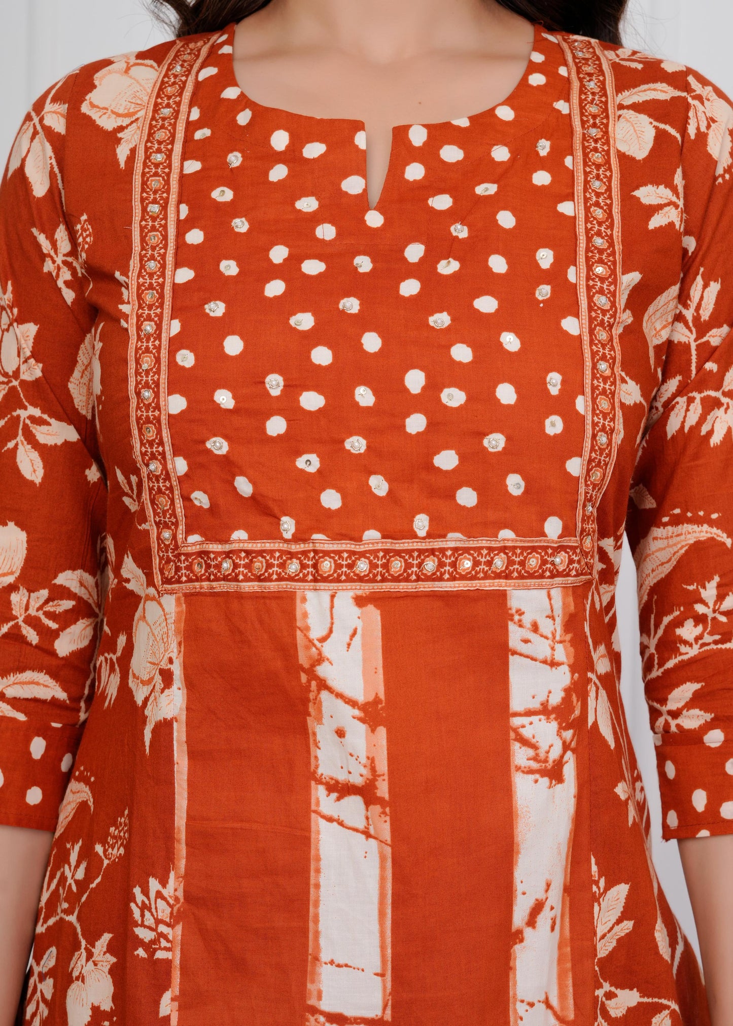 Cotton Printed Straight Orange Kurta Set With Dupatta