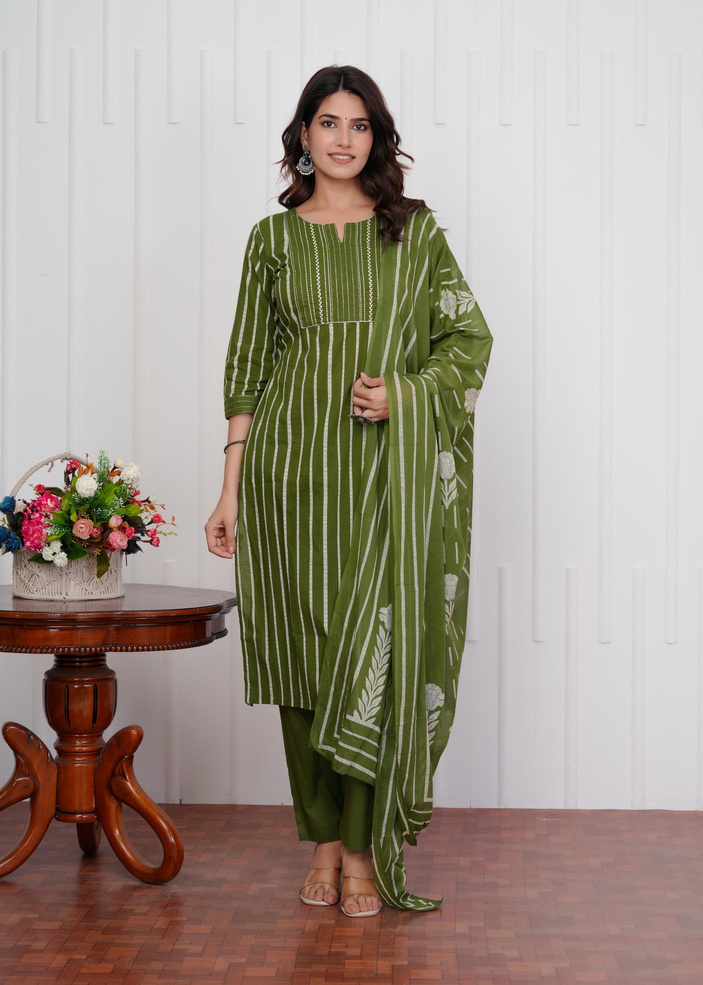 Cotton Printed Straight Green Kurta Set With Dupatta