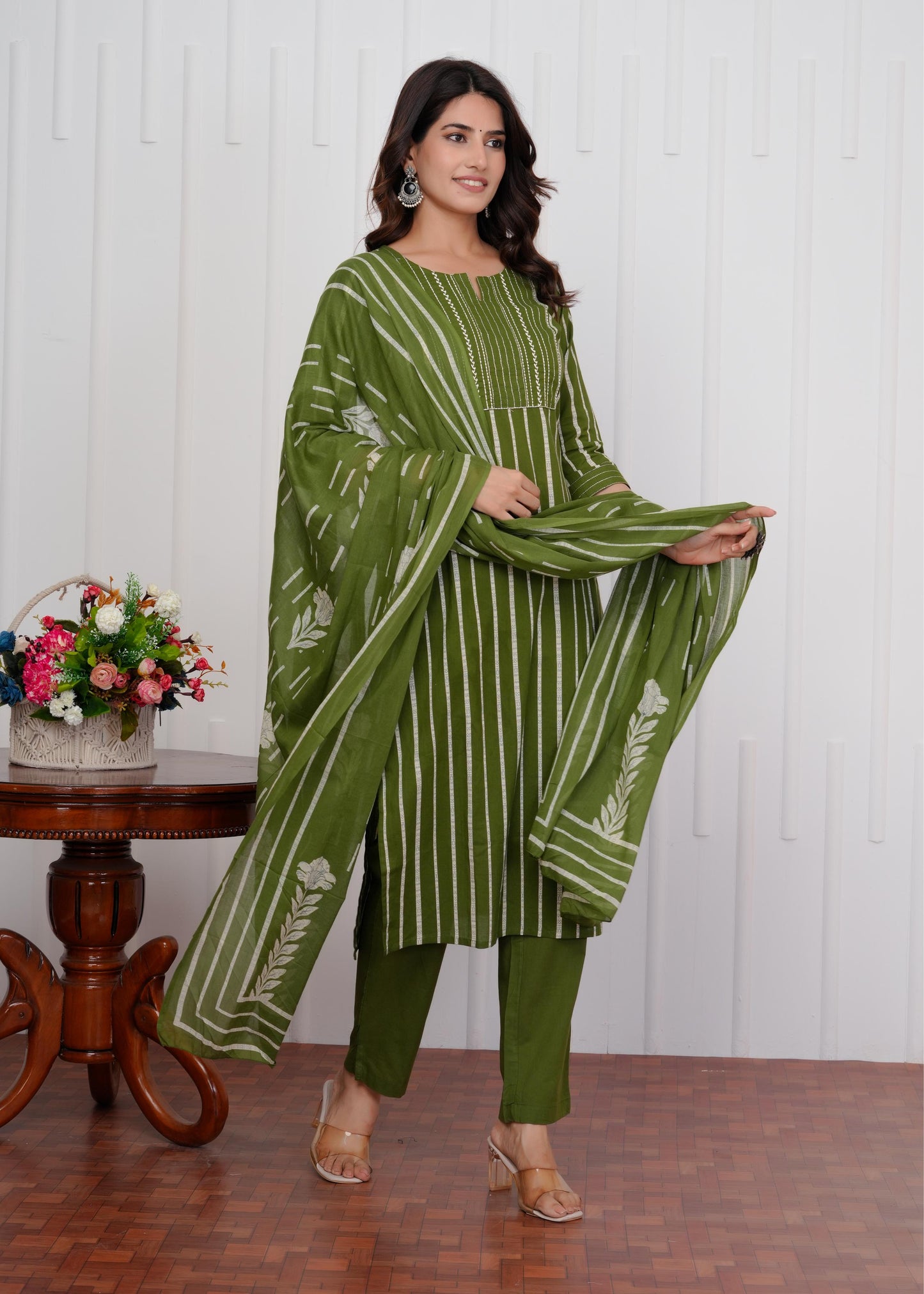 Cotton Printed Straight Green Kurta Set With Dupatta