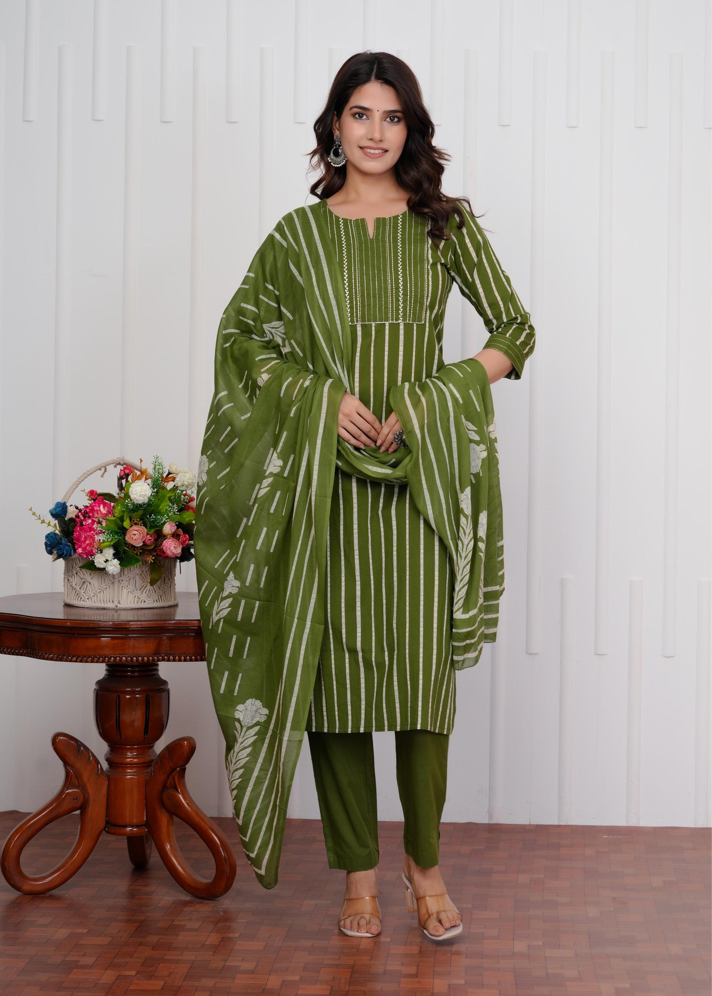 Cotton Printed Straight Green Kurta Set With Dupatta
