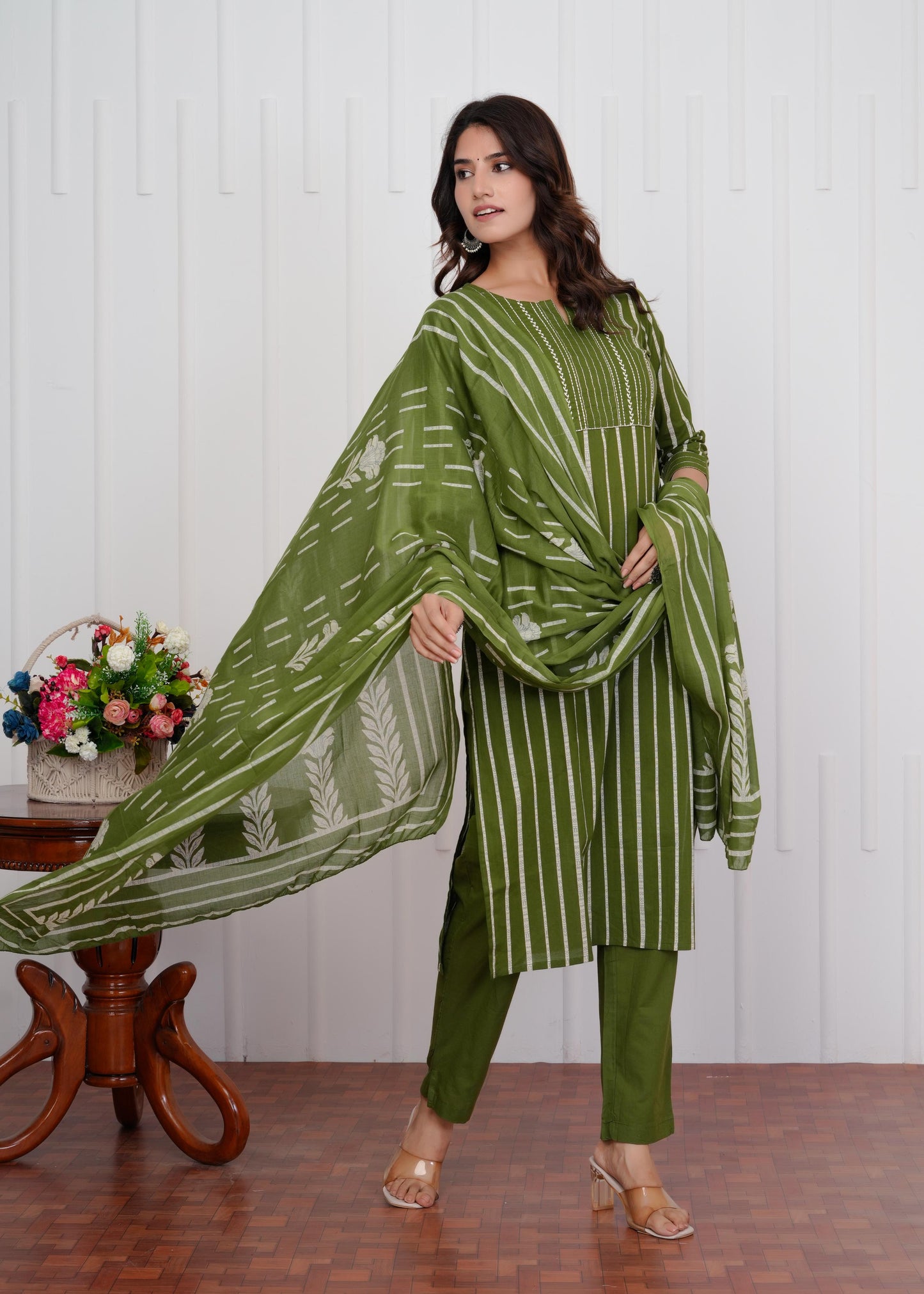 Cotton Printed Straight Green Kurta Set With Dupatta