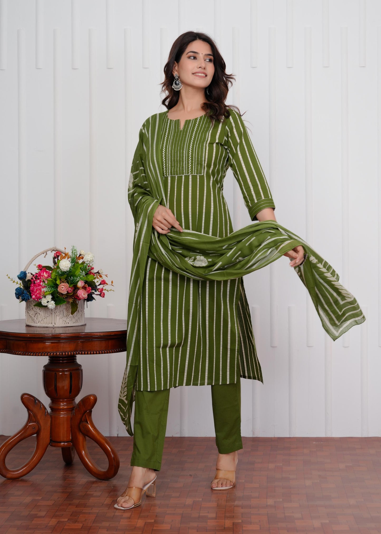 Cotton Printed Straight Green Kurta Set With Dupatta