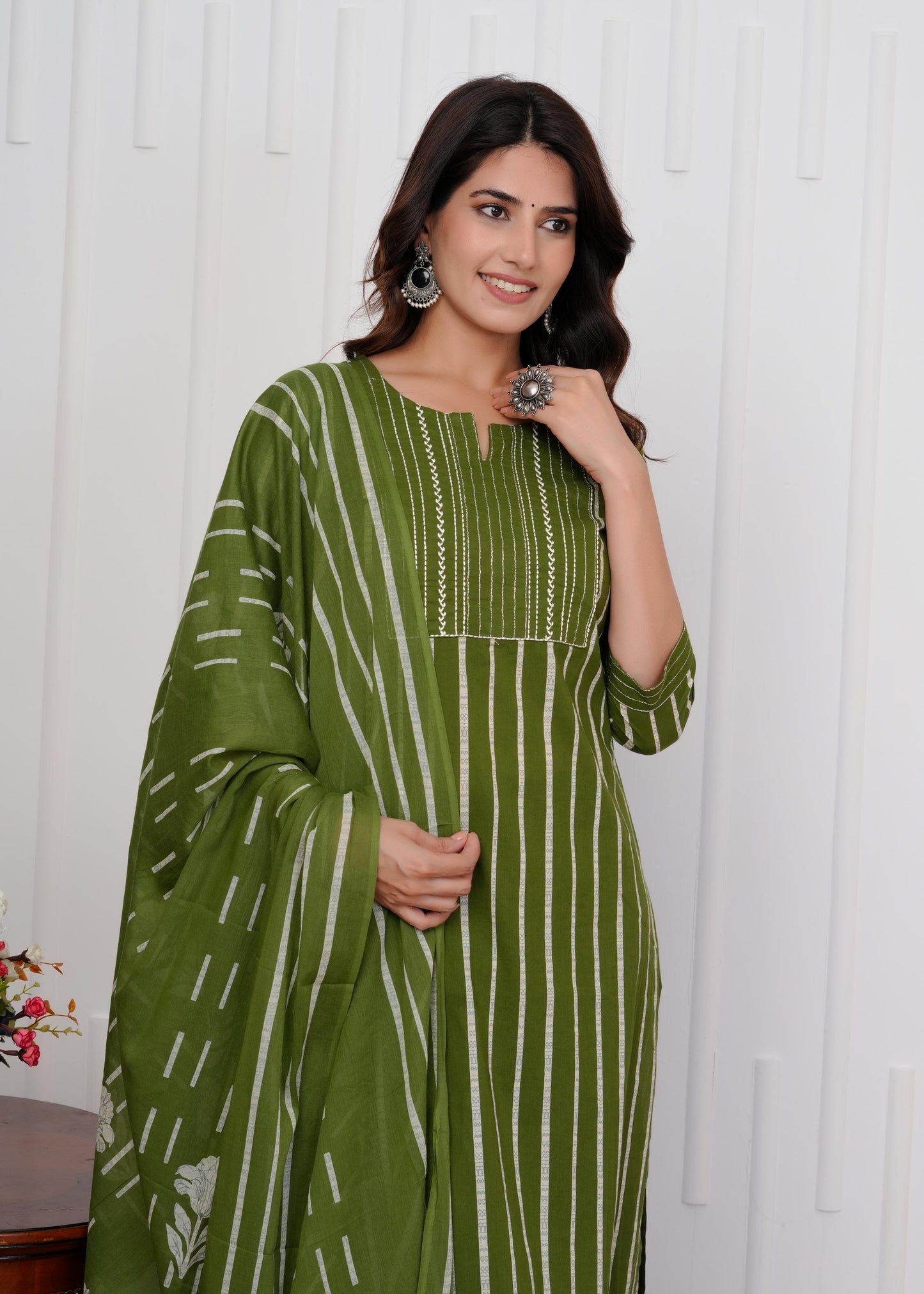 Cotton Printed Straight Green Kurta Set With Dupatta
