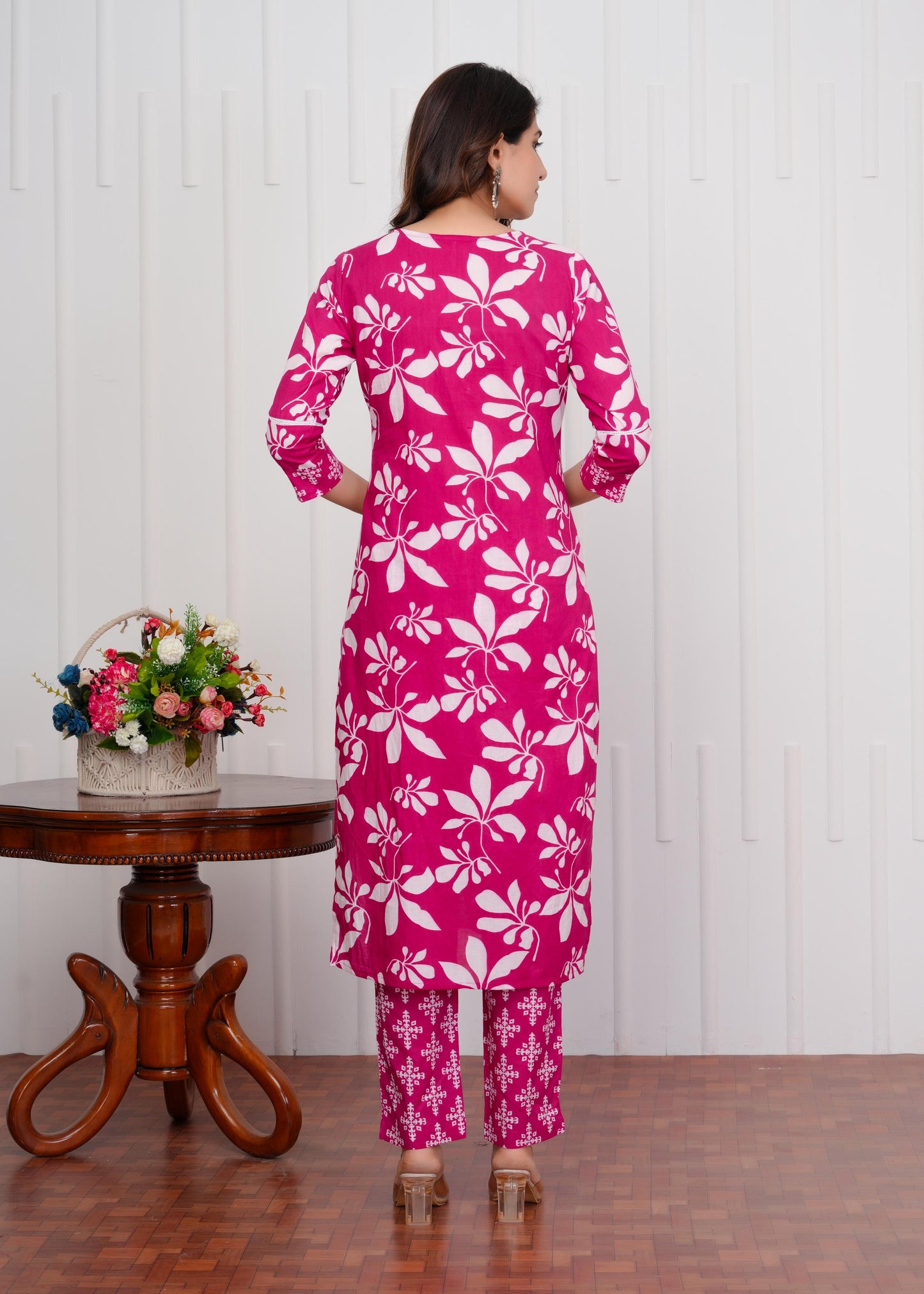 Cotton Printed Straight Pink Kurta Set With Dupatta