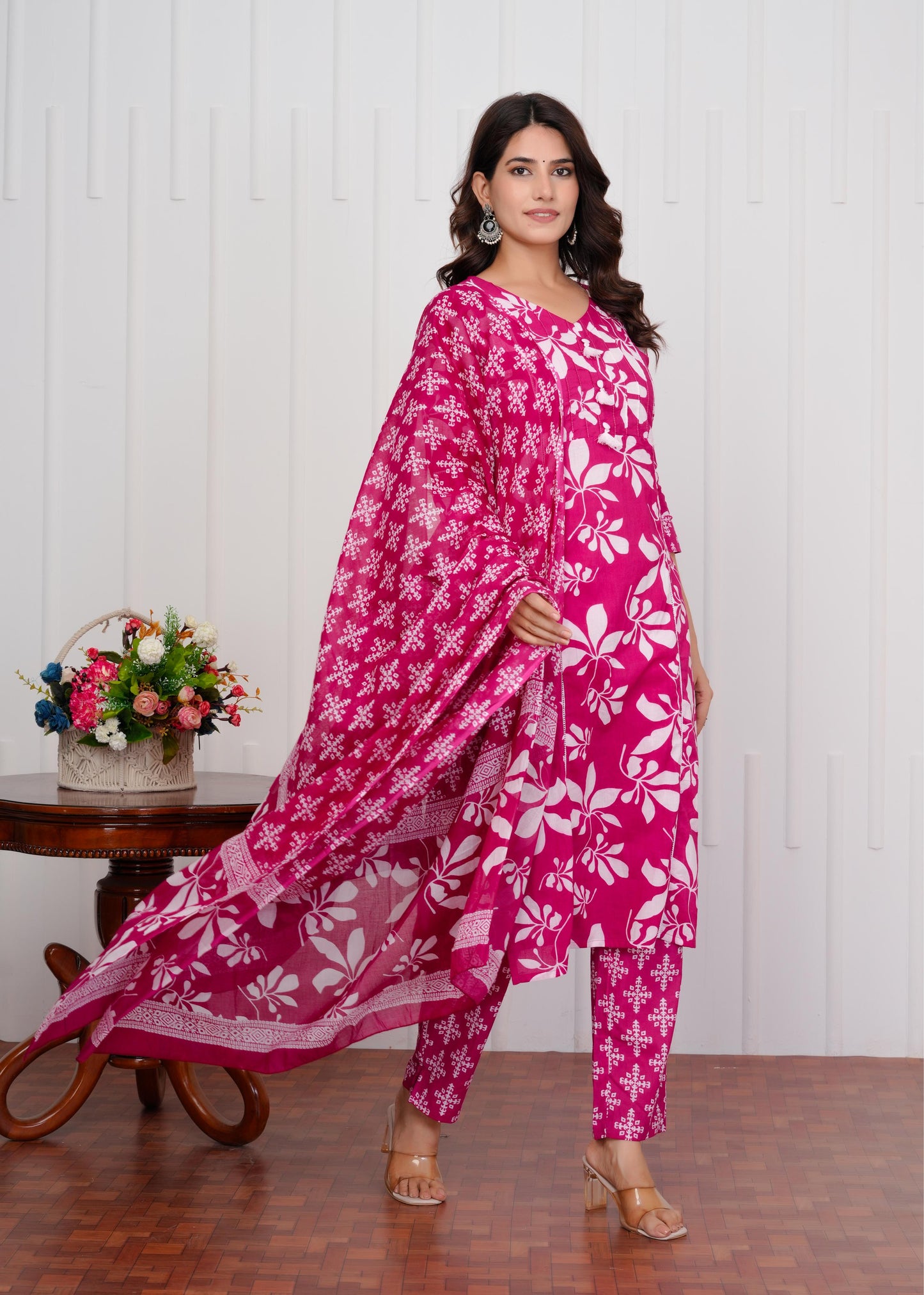 Cotton Printed Straight Pink Kurta Set With Dupatta