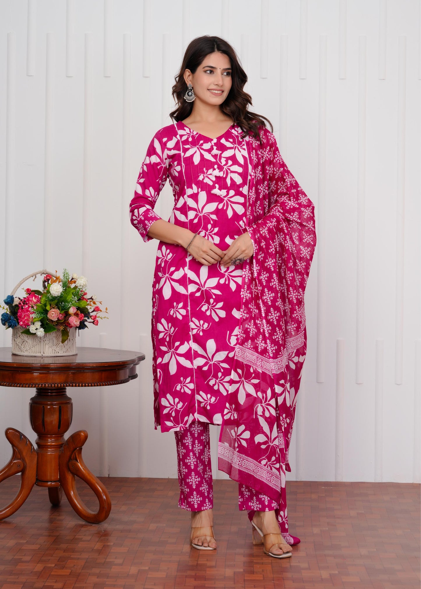 Cotton Printed Straight Pink Kurta Set With Dupatta