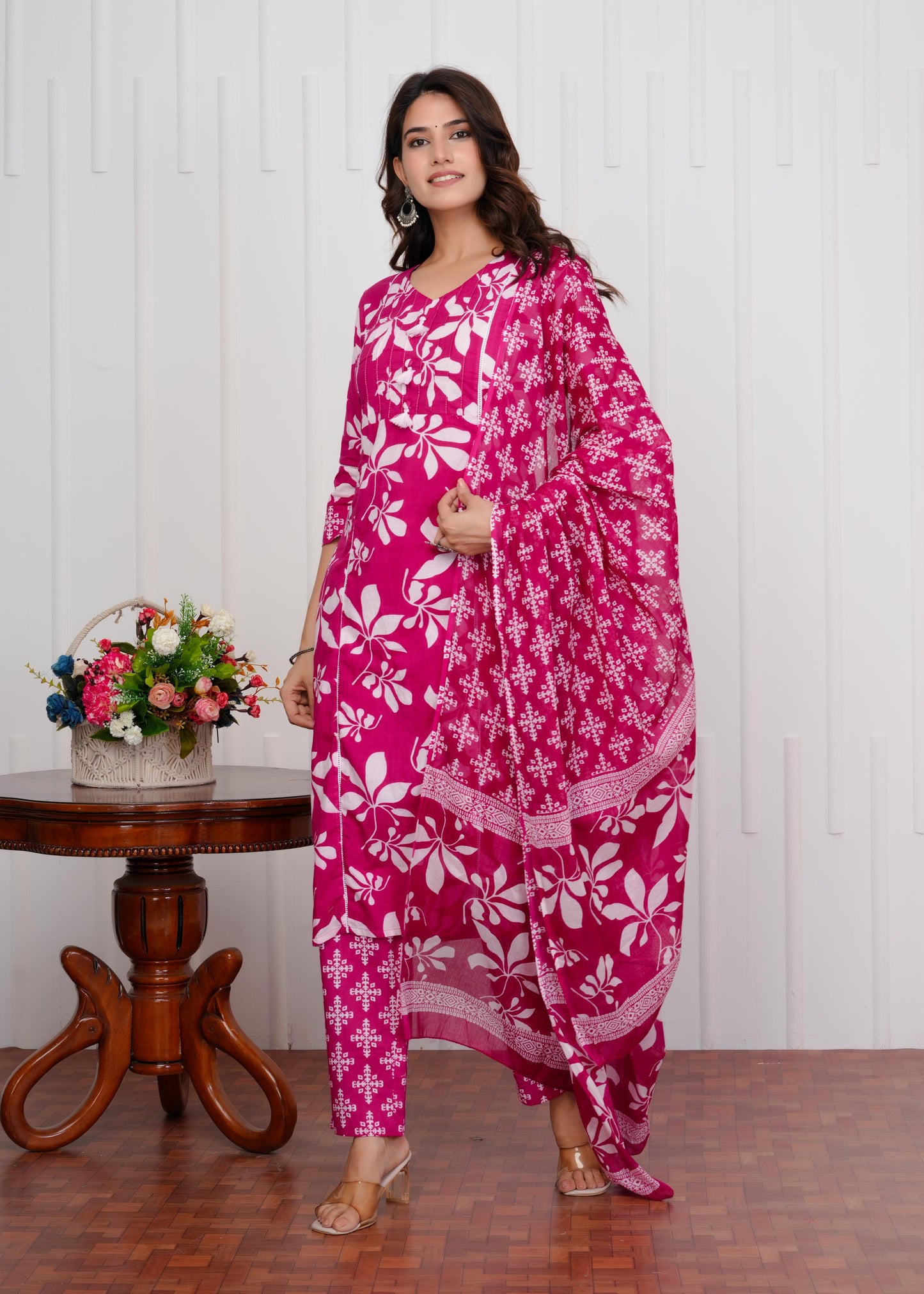 Cotton Printed Straight Pink Kurta Set With Dupatta