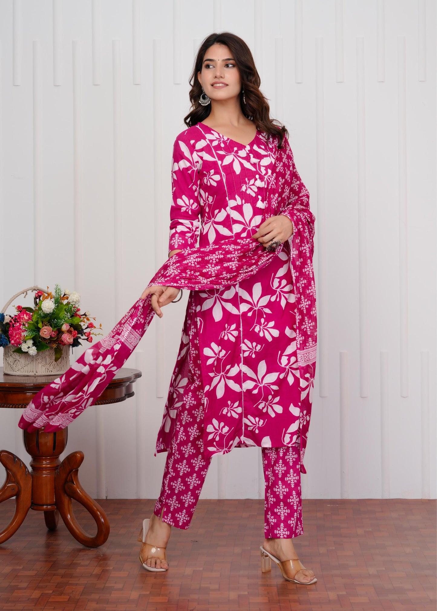 Cotton Printed Straight Pink Kurta Set With Dupatta