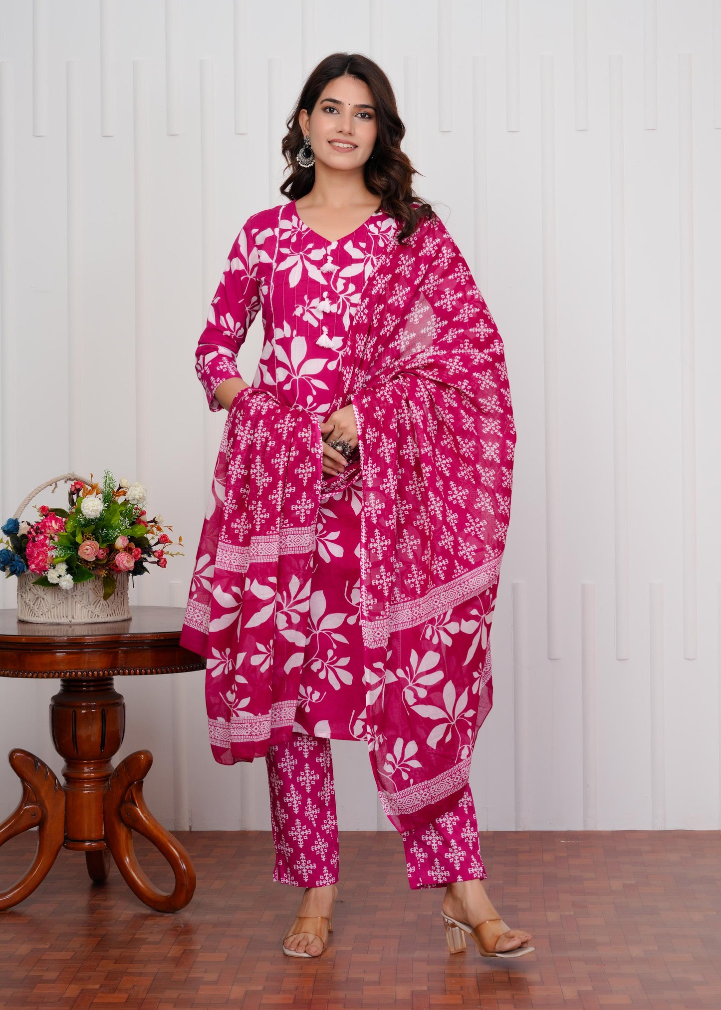 Cotton Printed Straight Pink Kurta Set With Dupatta