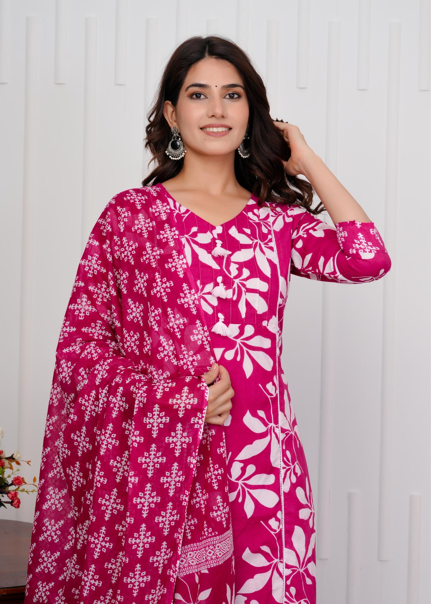 Cotton Printed Straight Pink Kurta Set With Dupatta