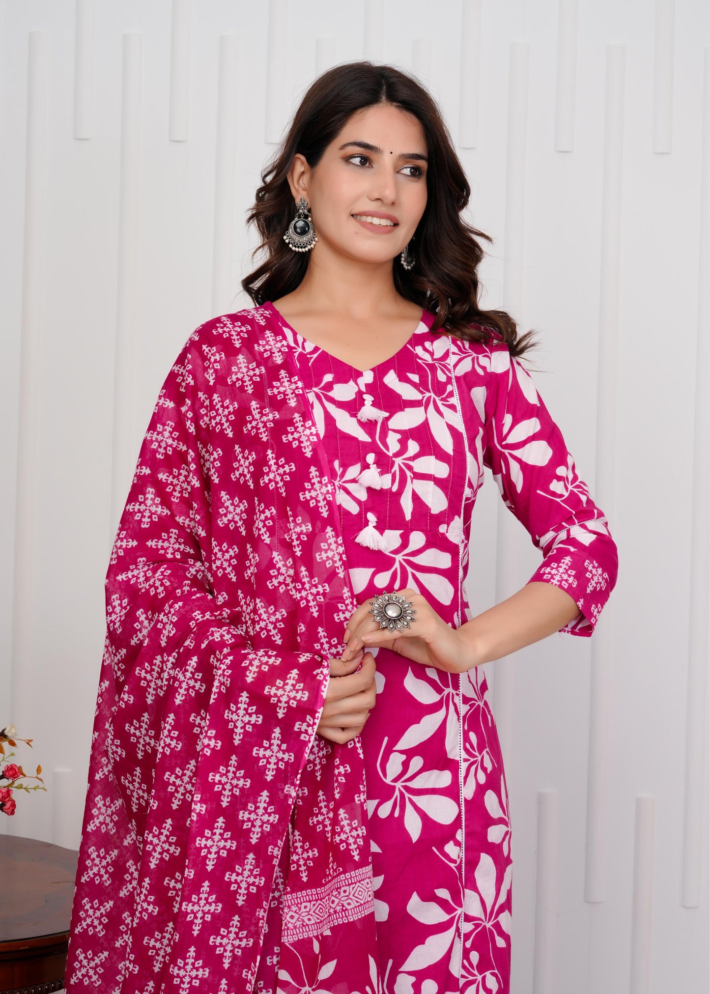 Cotton Printed Straight Pink Kurta Set With Dupatta