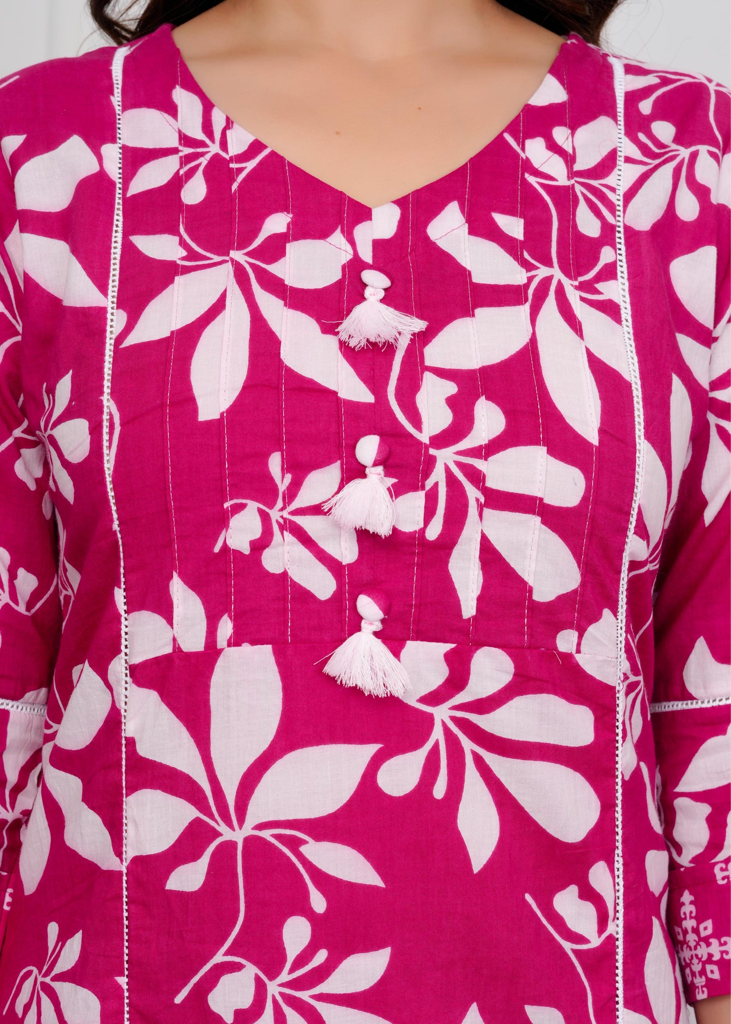 Cotton Printed Straight Pink Kurta Set With Dupatta
