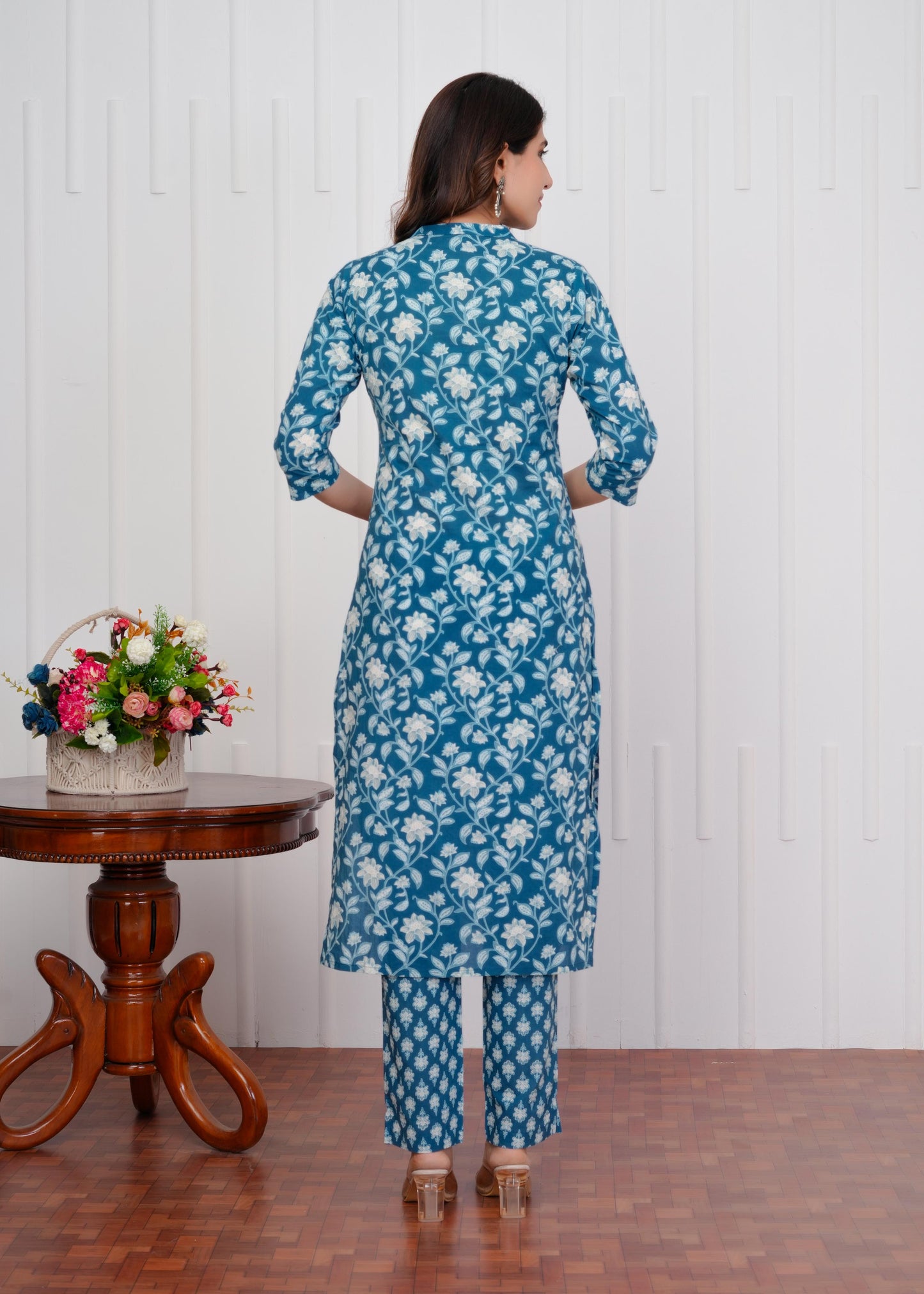 Cotton Printed Straight Blue Kurta Set With Dupatta