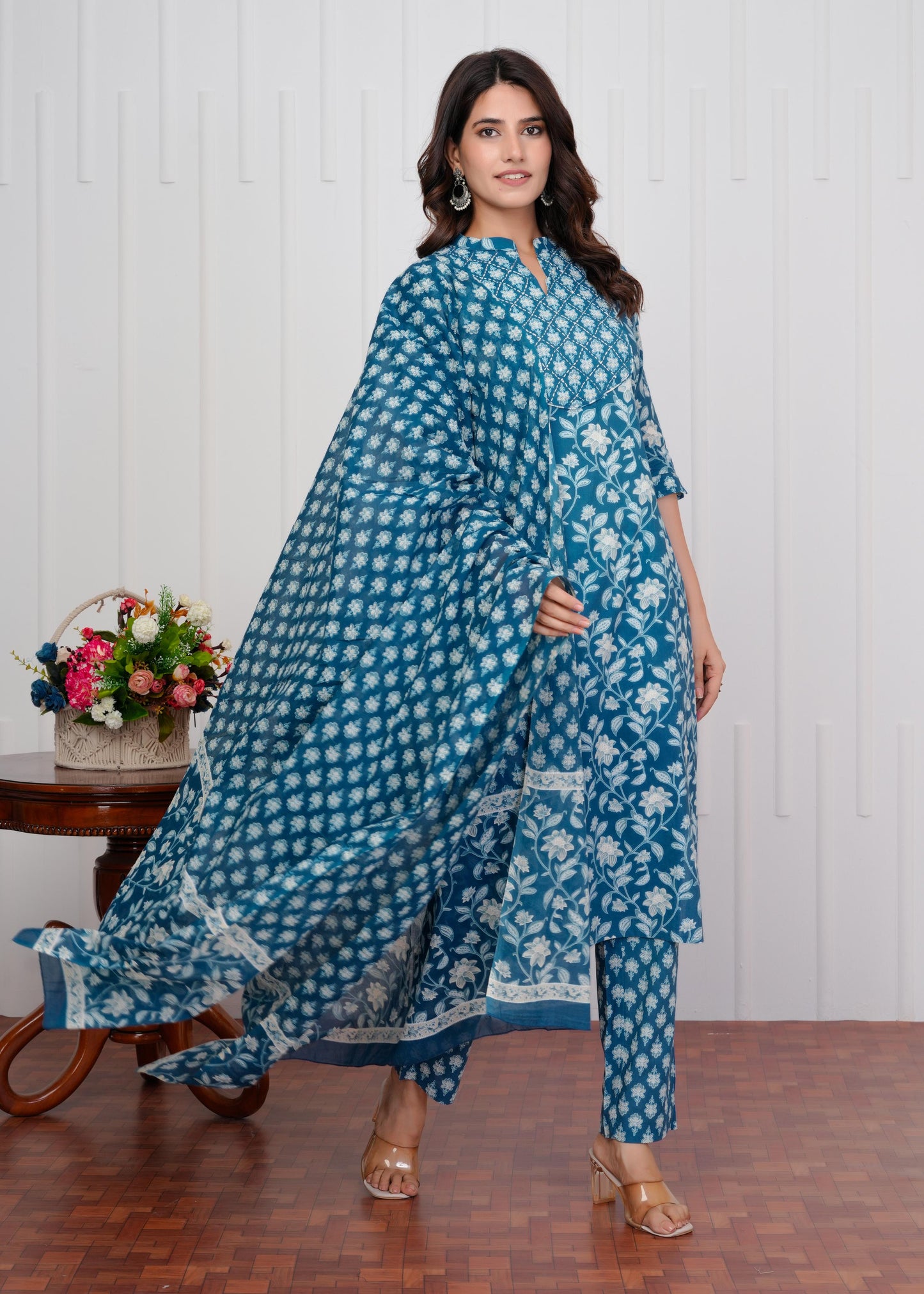 Cotton Printed Straight Blue Kurta Set With Dupatta