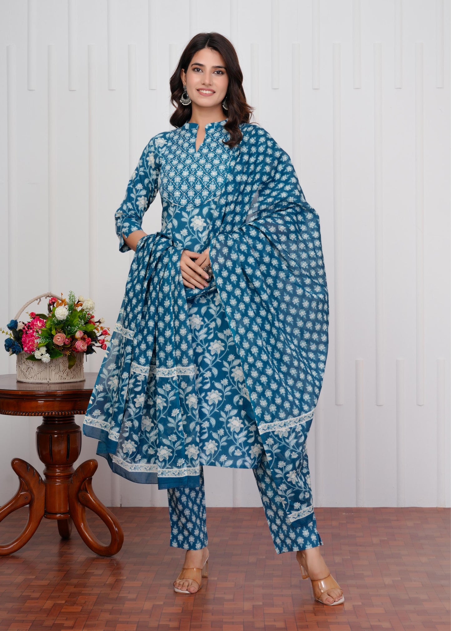 Cotton Printed Straight Blue Kurta Set With Dupatta