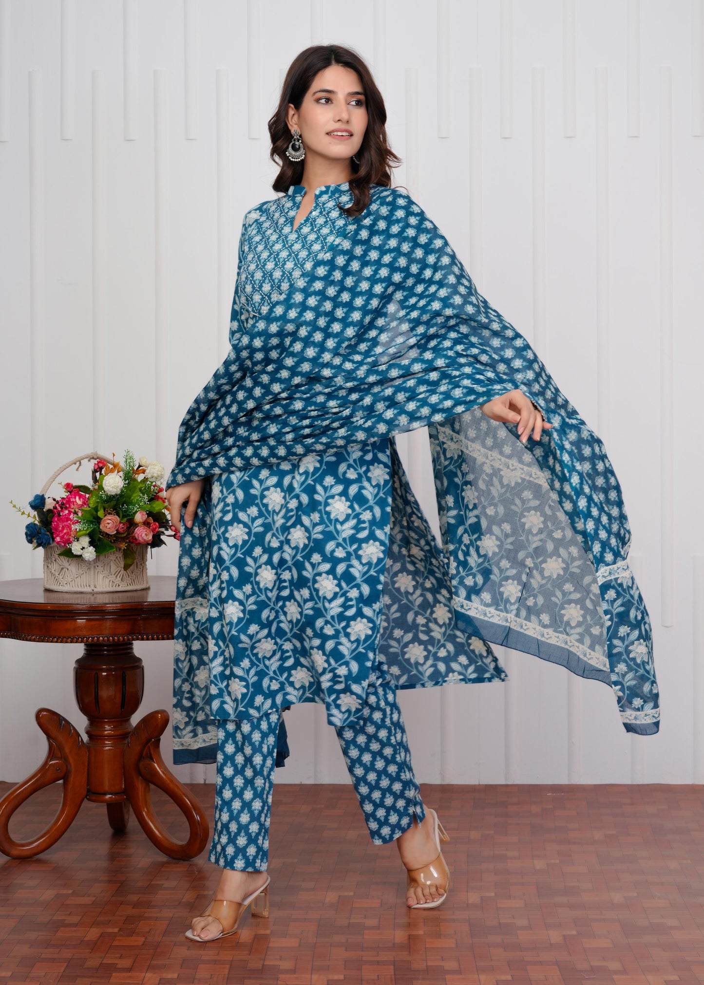 Cotton Printed Straight Blue Kurta Set With Dupatta