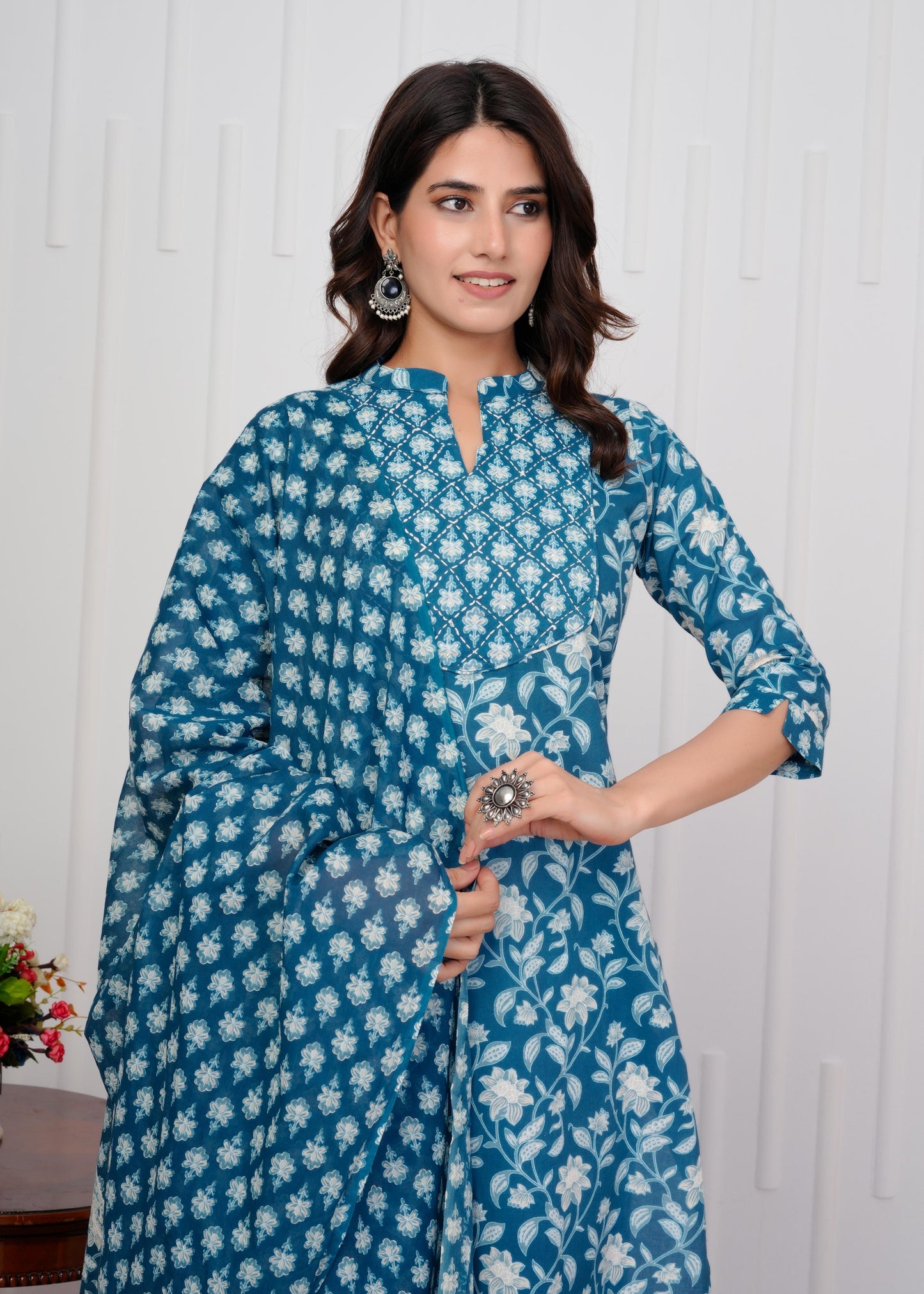 Cotton Printed Straight Blue Kurta Set With Dupatta