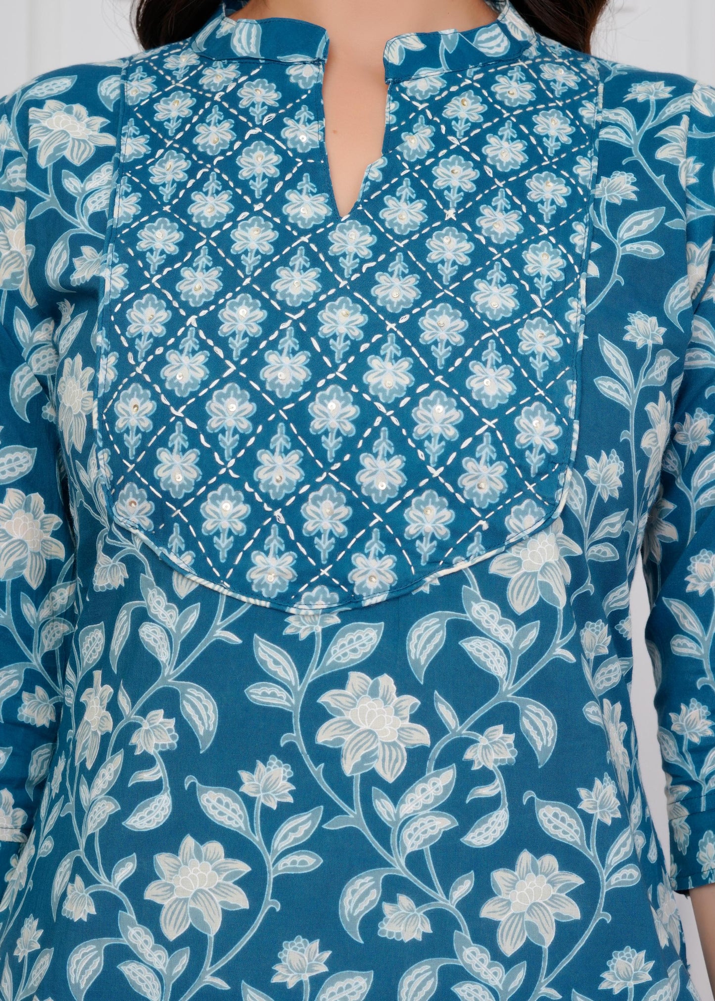 Cotton Printed Straight Blue Kurta Set With Dupatta